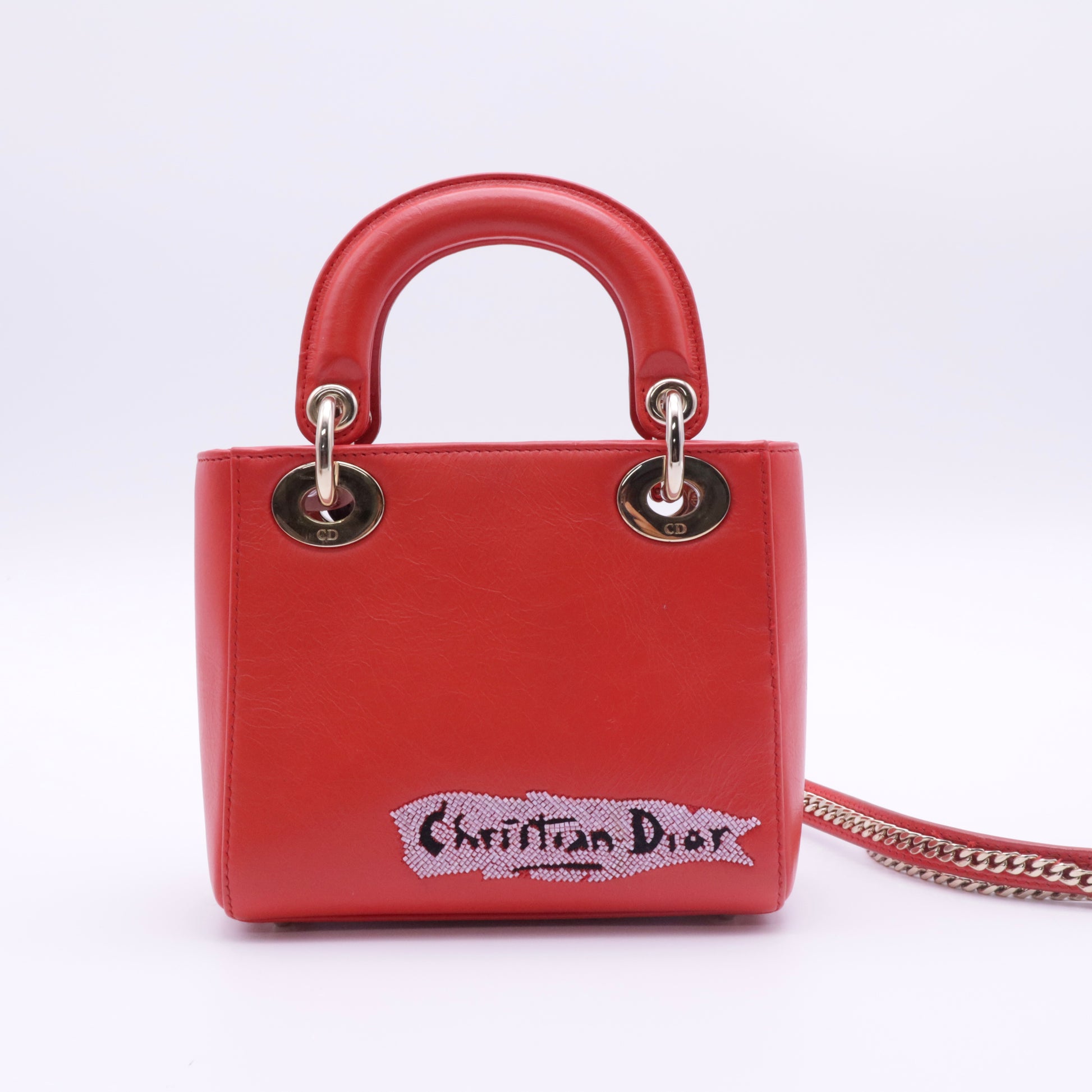 Red Mini Calfskin Sequin Embellished Lady Dior twins