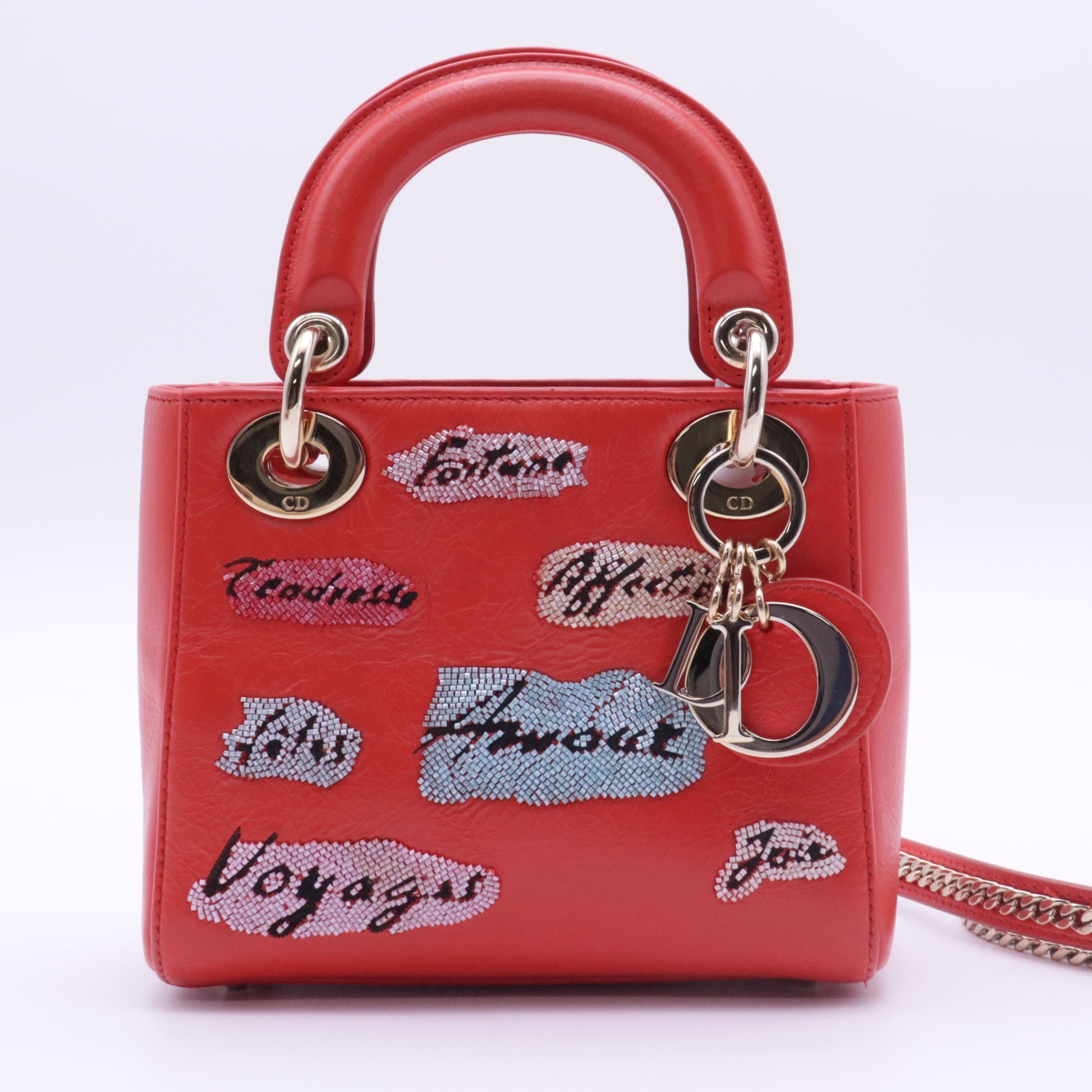 Red Mini Calfskin Sequin Embellished Lady Dior twins