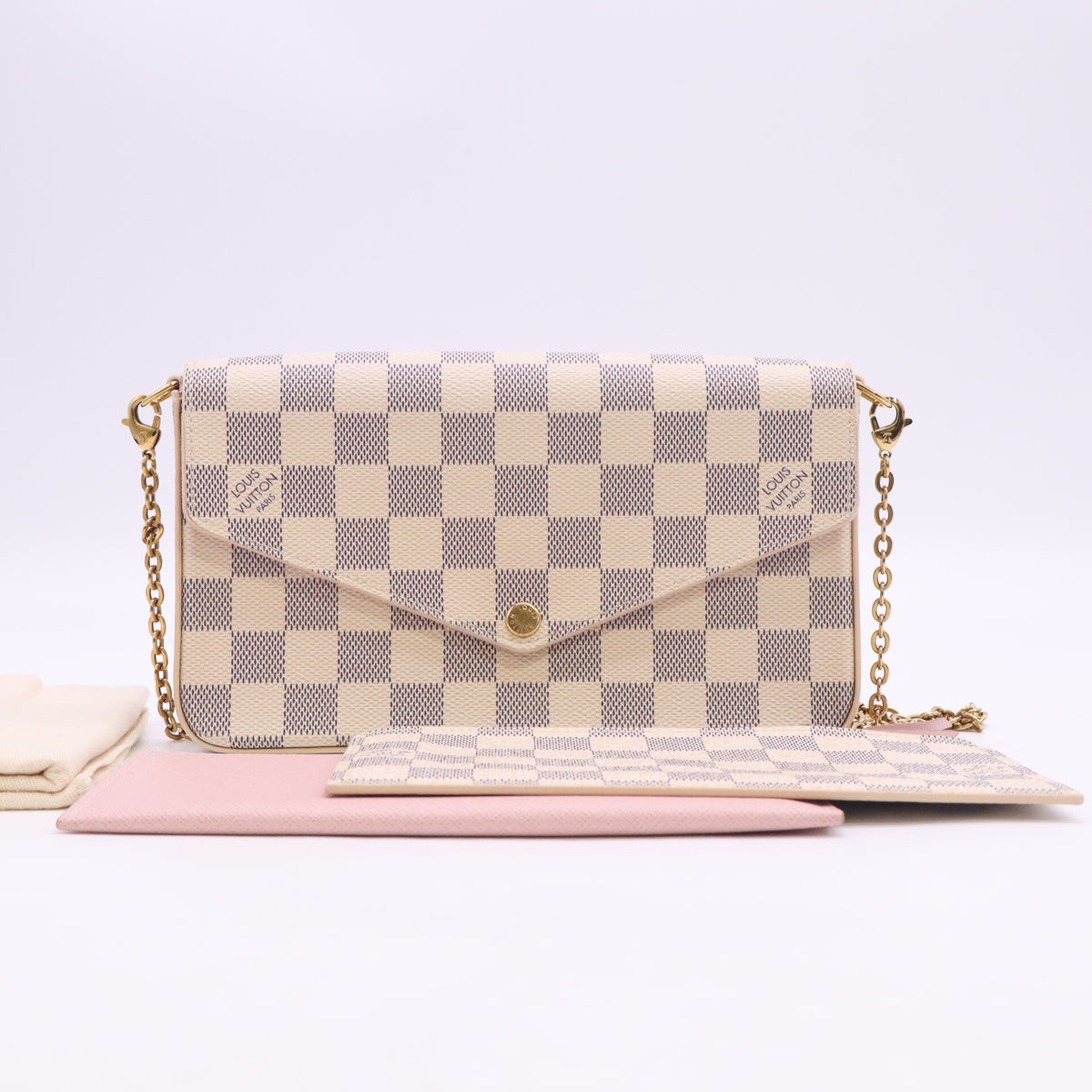 Damier Azur Pochette Felicie Chain Wallet Rose Ballerine B24421