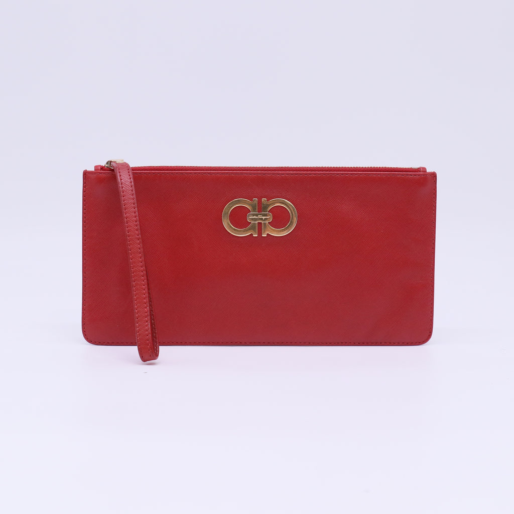 Salvatore Ferragamo Gancini Saffiano Leather Wristlet Pouch W22096
