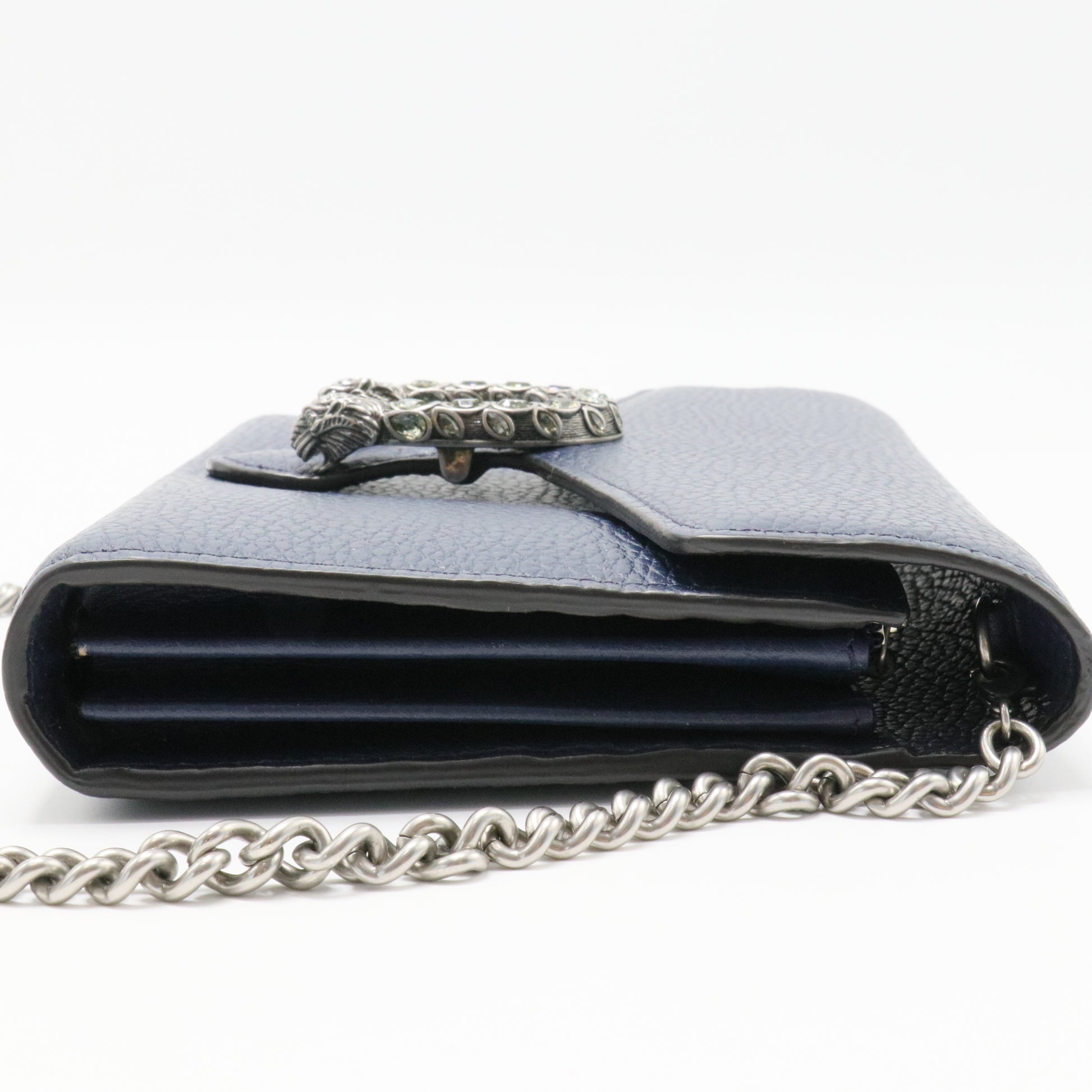 Dollar Calfskin Crystal Mini Dionysus Chain Wallet Blue Agata Black Diamond