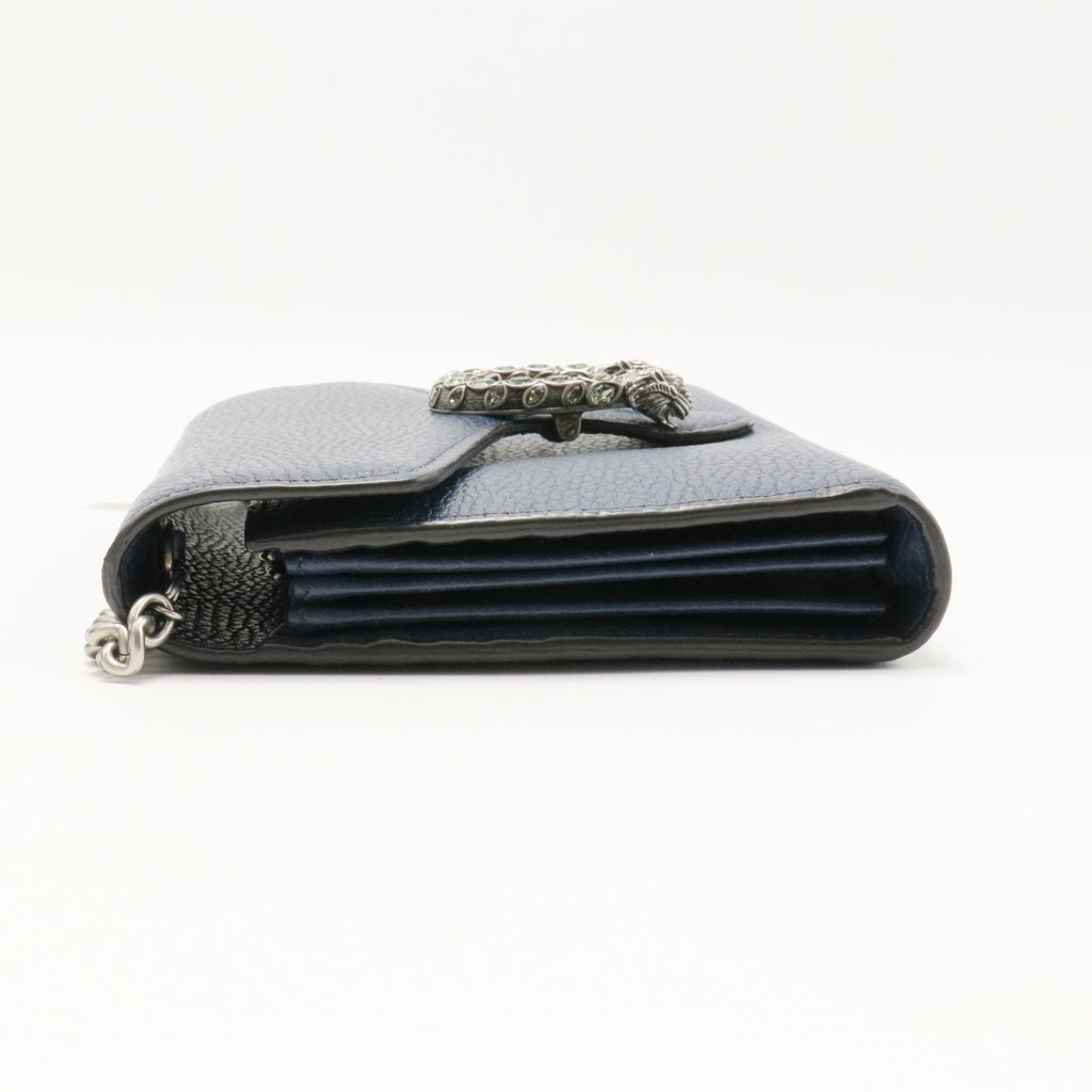 Dollar Calfskin Crystal Mini Dionysus Chain Wallet Blue Agata Black Diamond