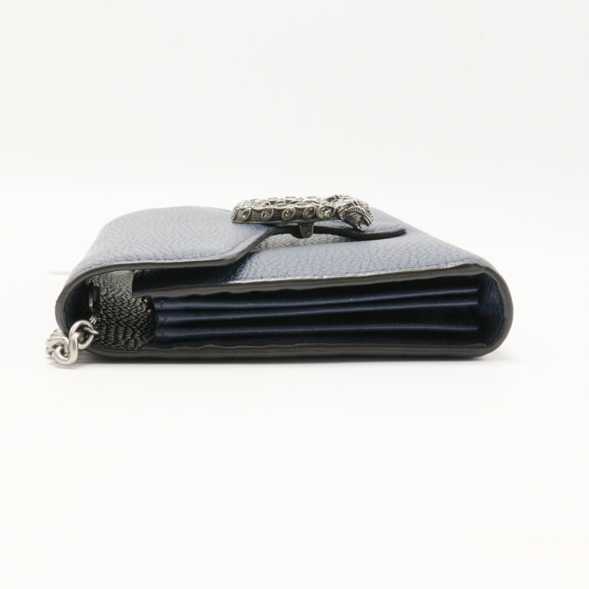 Dollar Calfskin Crystal Mini Dionysus Chain Wallet Blue Agata Black Diamond