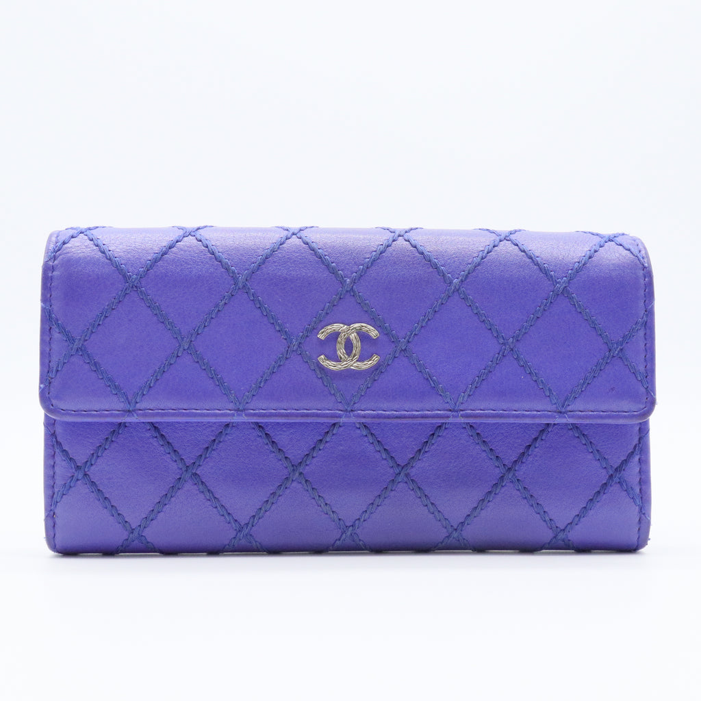 Royal Blue Stitch Quilted Leather Long Flap Wallet