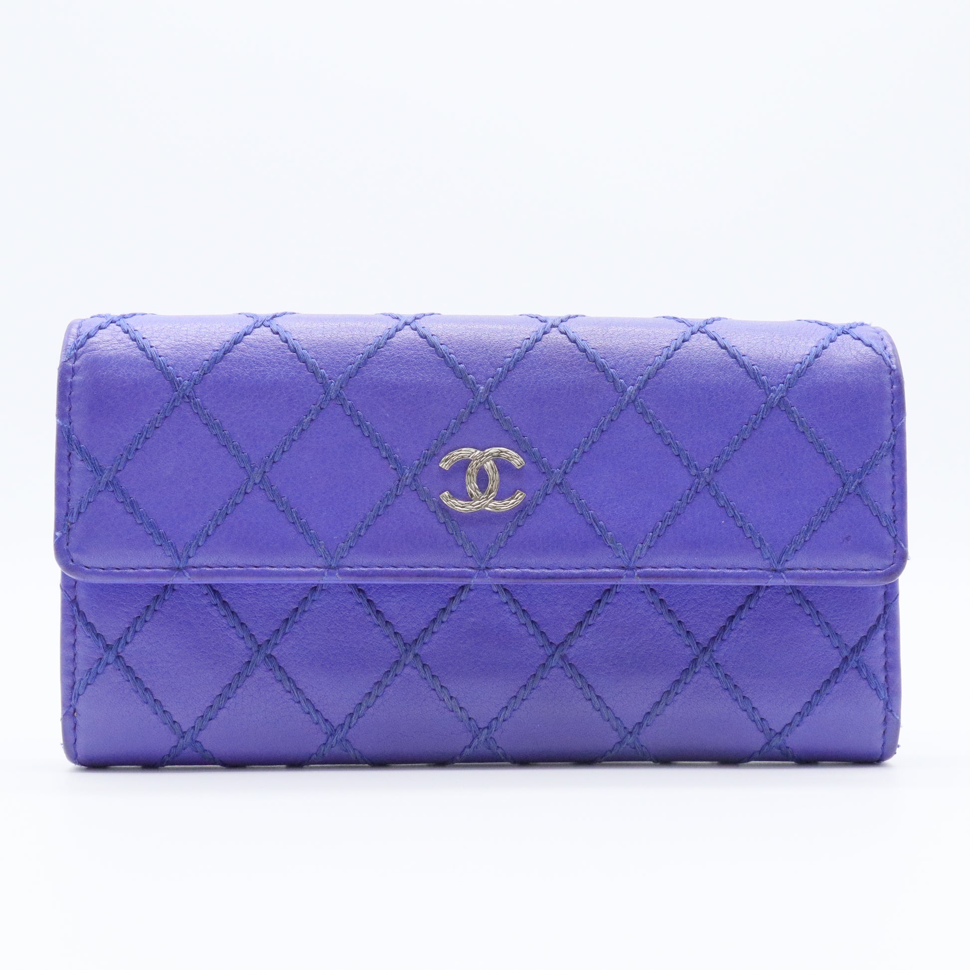 Royal Blue Stitch Quilted Leather Long Flap Wallet