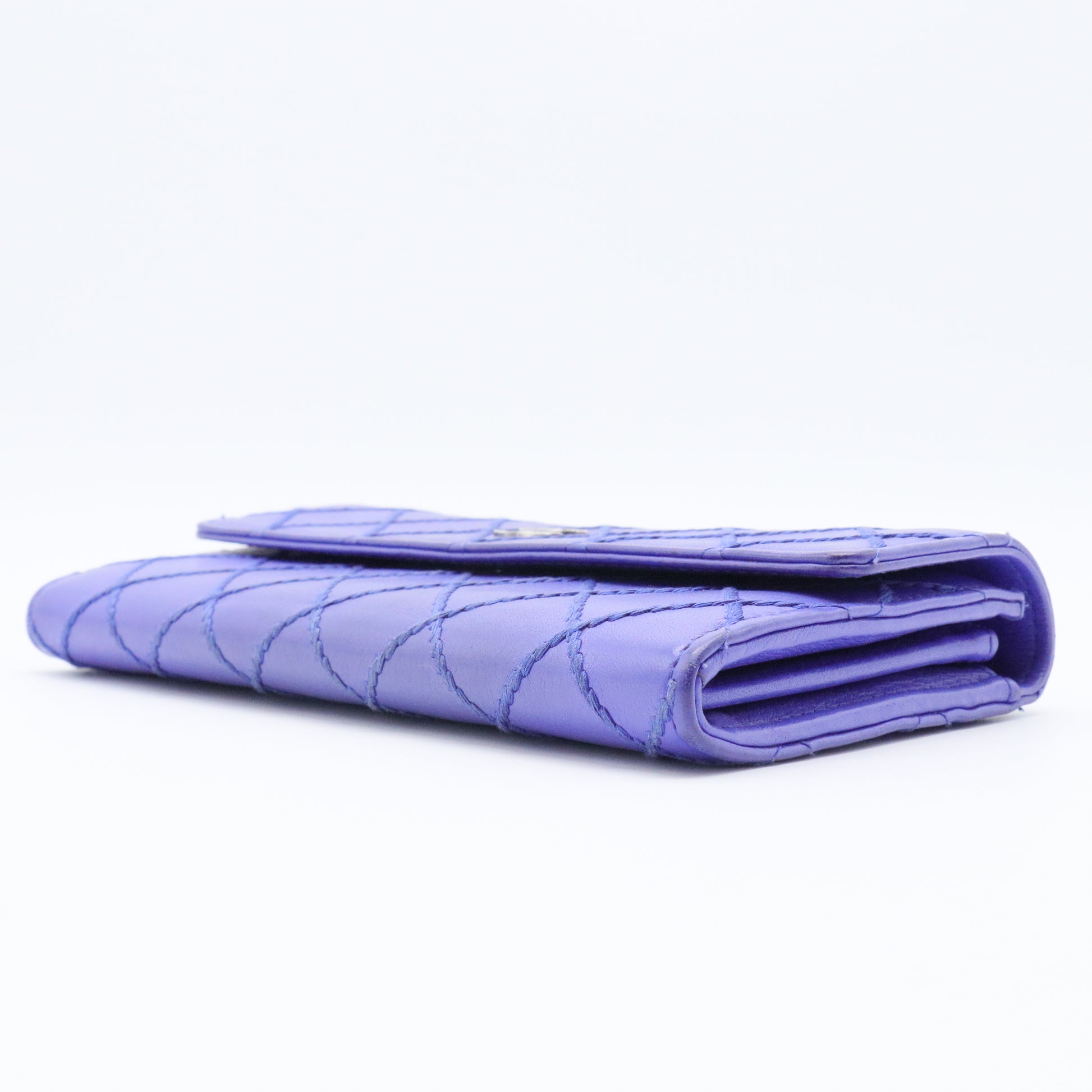 Royal Blue Stitch Quilted Leather Long Flap Wallet