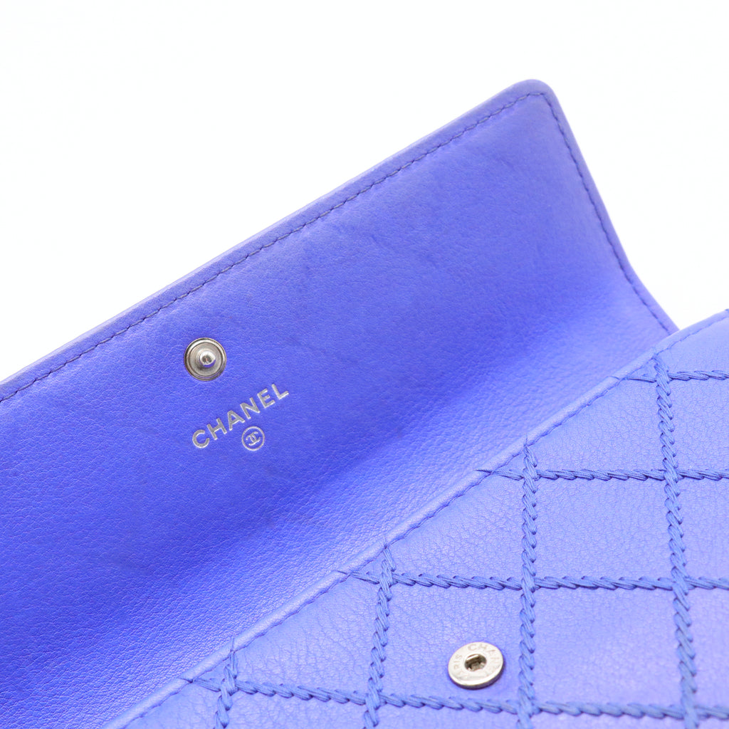 Royal Blue Stitch Quilted Leather Long Flap Wallet