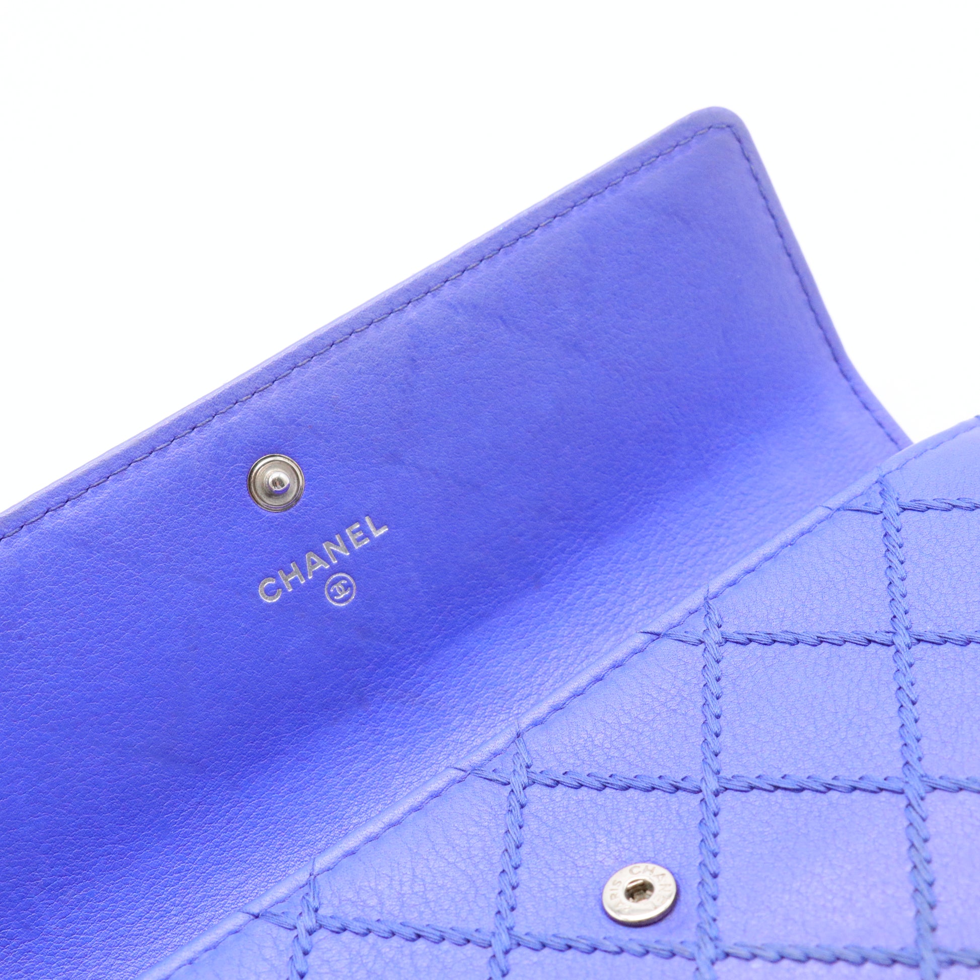 Royal Blue Stitch Quilted Leather Long Flap Wallet