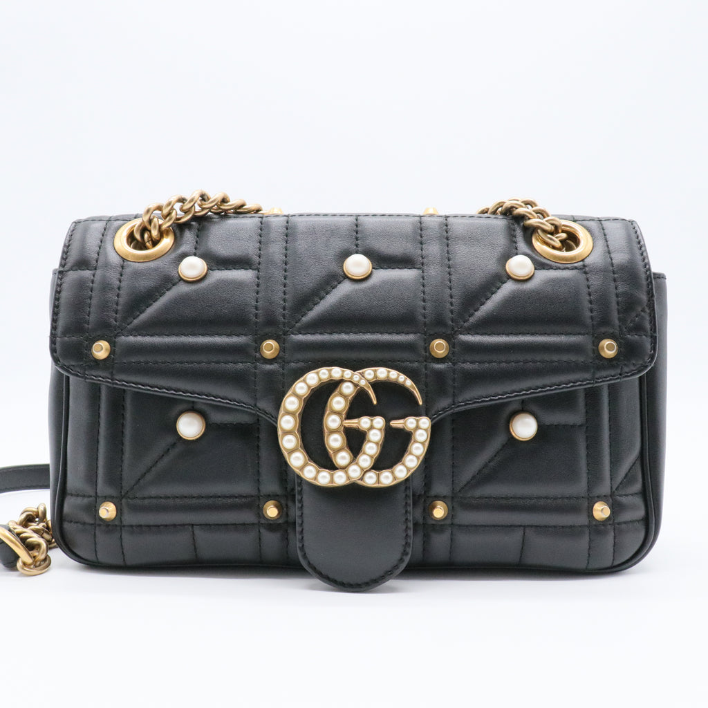 Pearly GG Marmont Flap Bag Embellished Matelasse Leather Small