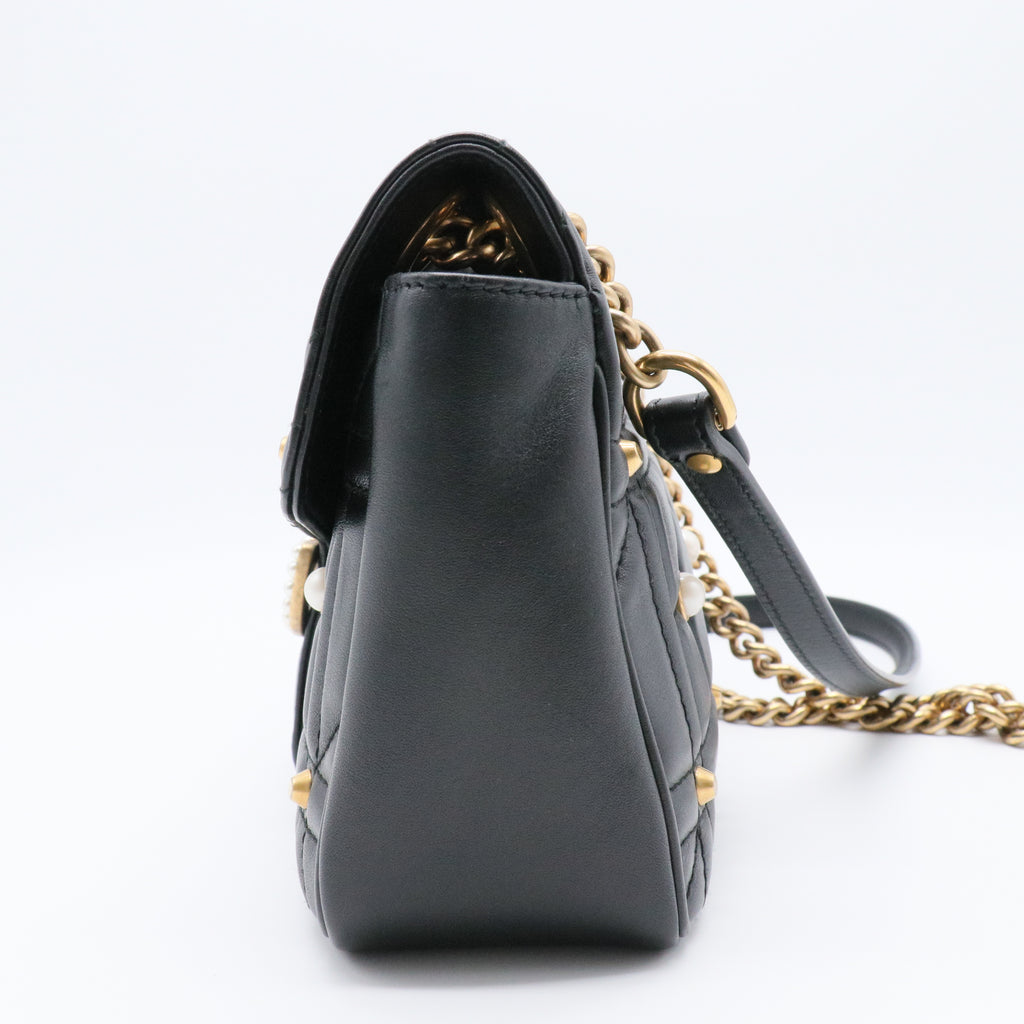 Pearly GG Marmont Flap Bag Embellished Matelasse Leather Small