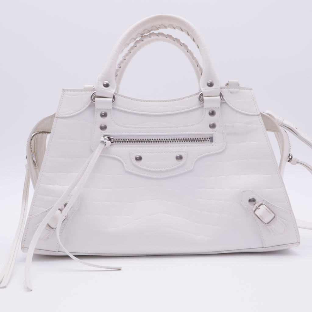 Semi Shiny Calfskin Crocodile Embossed Neo Classic Silver Hardware S City White twins
