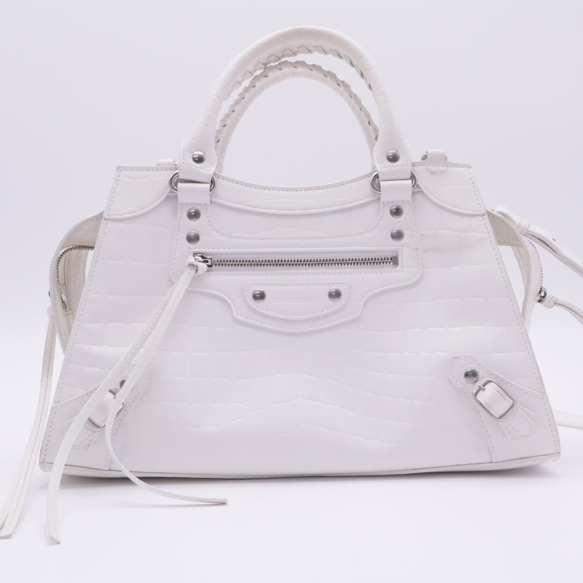 Semi Shiny Calfskin Crocodile Embossed Neo Classic Silver Hardware S City White twins