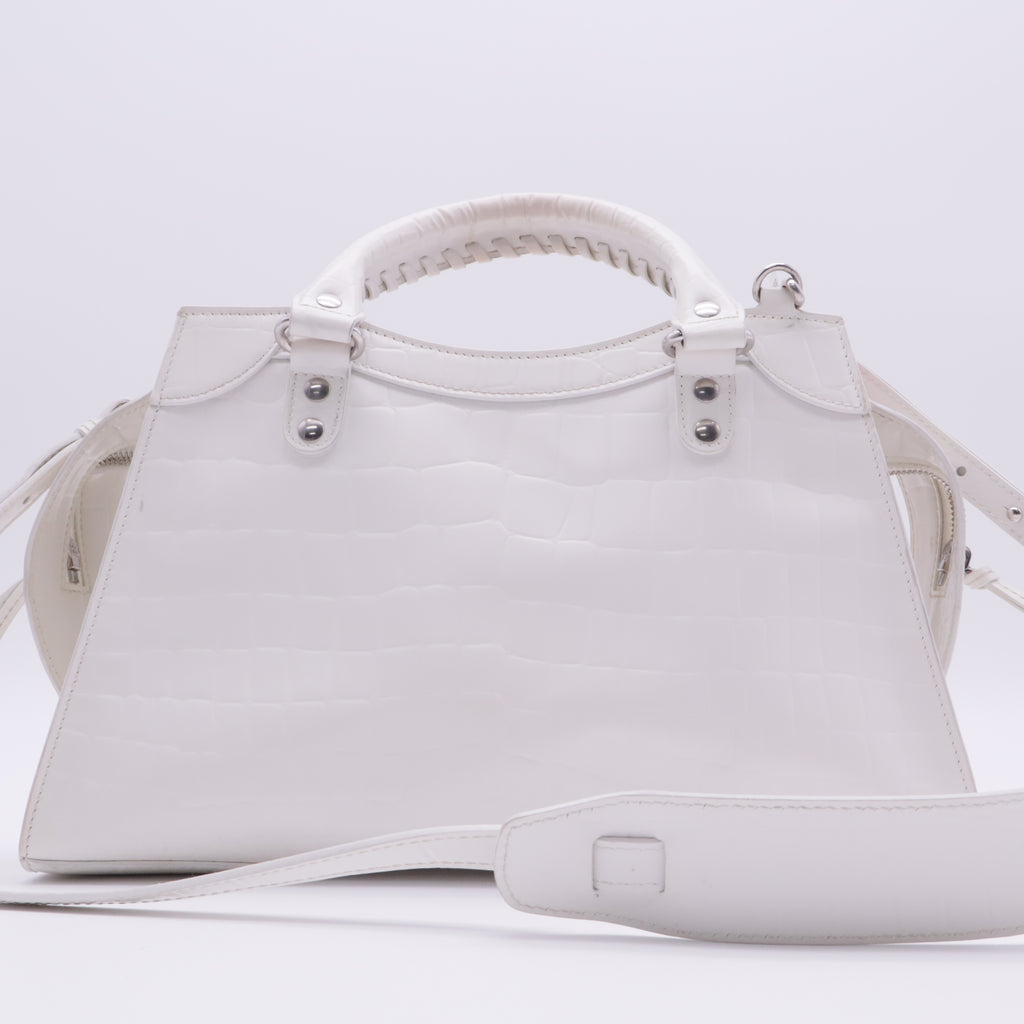 Semi Shiny Calfskin Crocodile Embossed Neo Classic Silver Hardware S City White twins