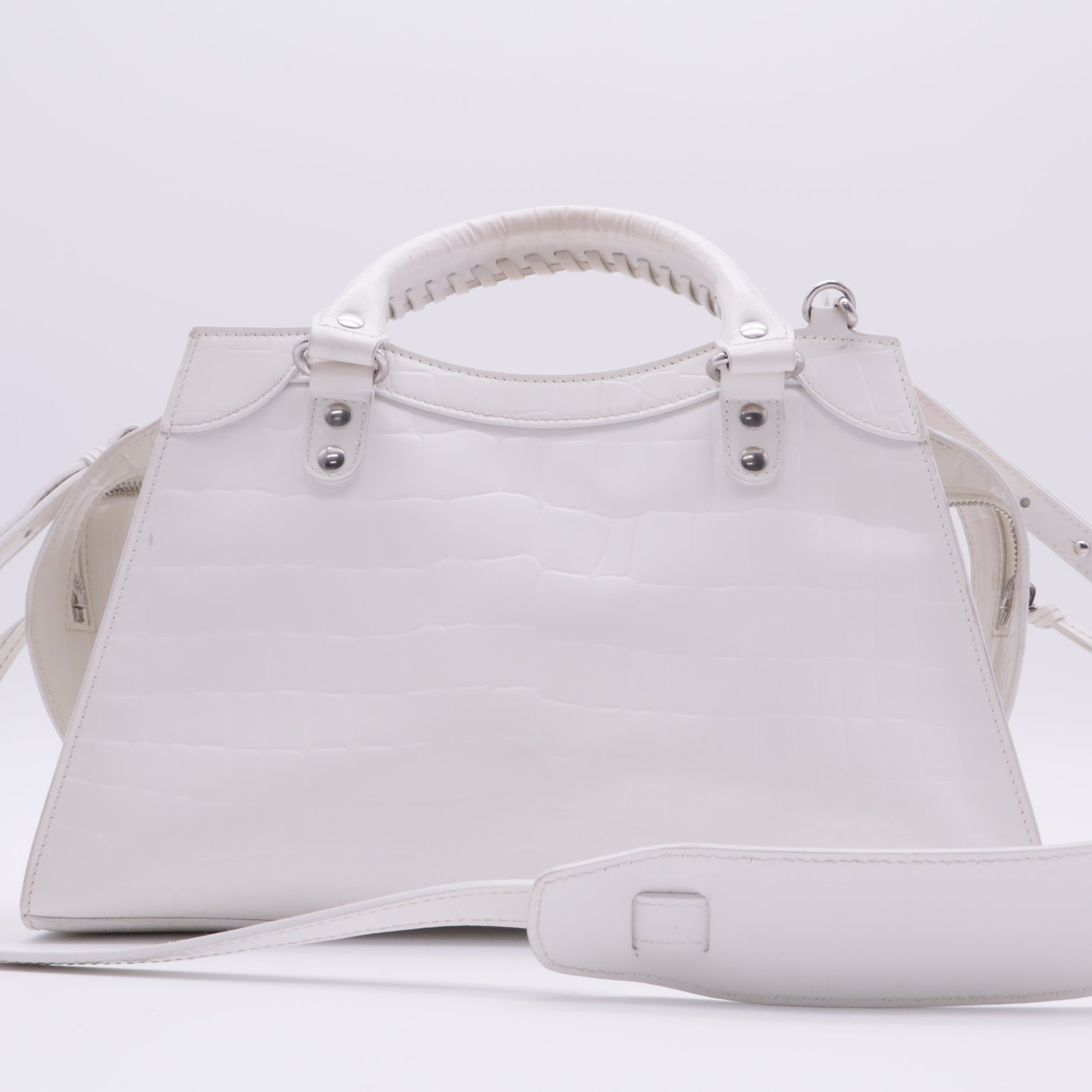 Semi Shiny Calfskin Crocodile Embossed Neo Classic Silver Hardware S City White twins