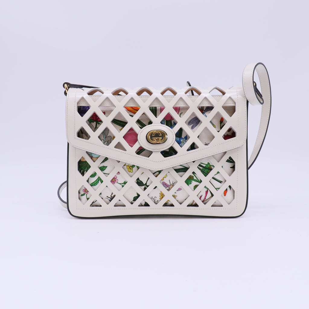 Gucci Medium Traforata Leather Cutout Flora Flap Shoulder Bag Twins B22761