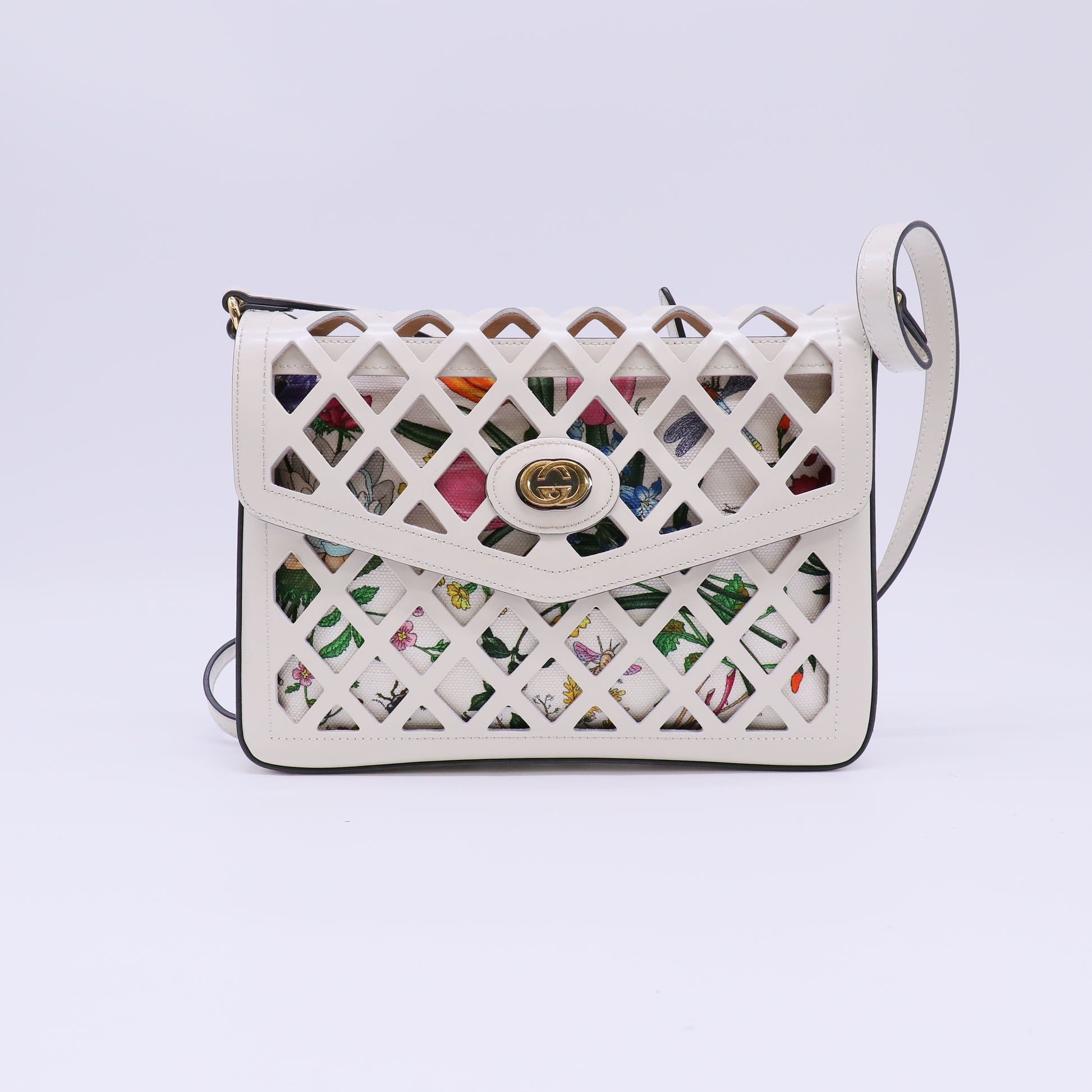 Gucci Medium Traforata Leather Cutout Flora Flap Shoulder Bag Twins B22761