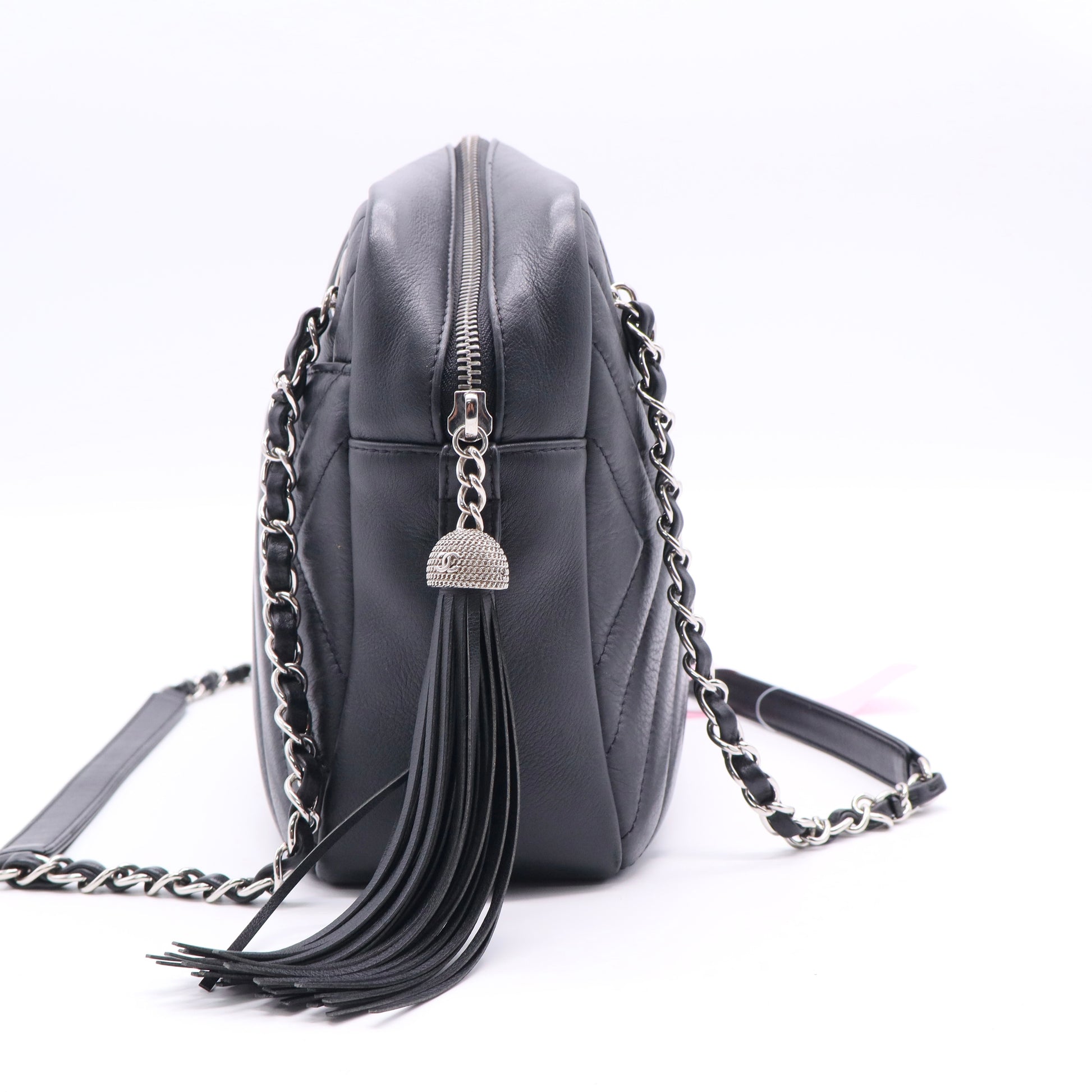 Chanel CC Tassel Camera Bag Diagonal Chevron Calfskin Twins LDJ2522