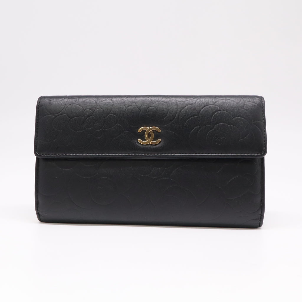 Chanel Lambskin Camellia Embossed Flap Wallet Black W22271