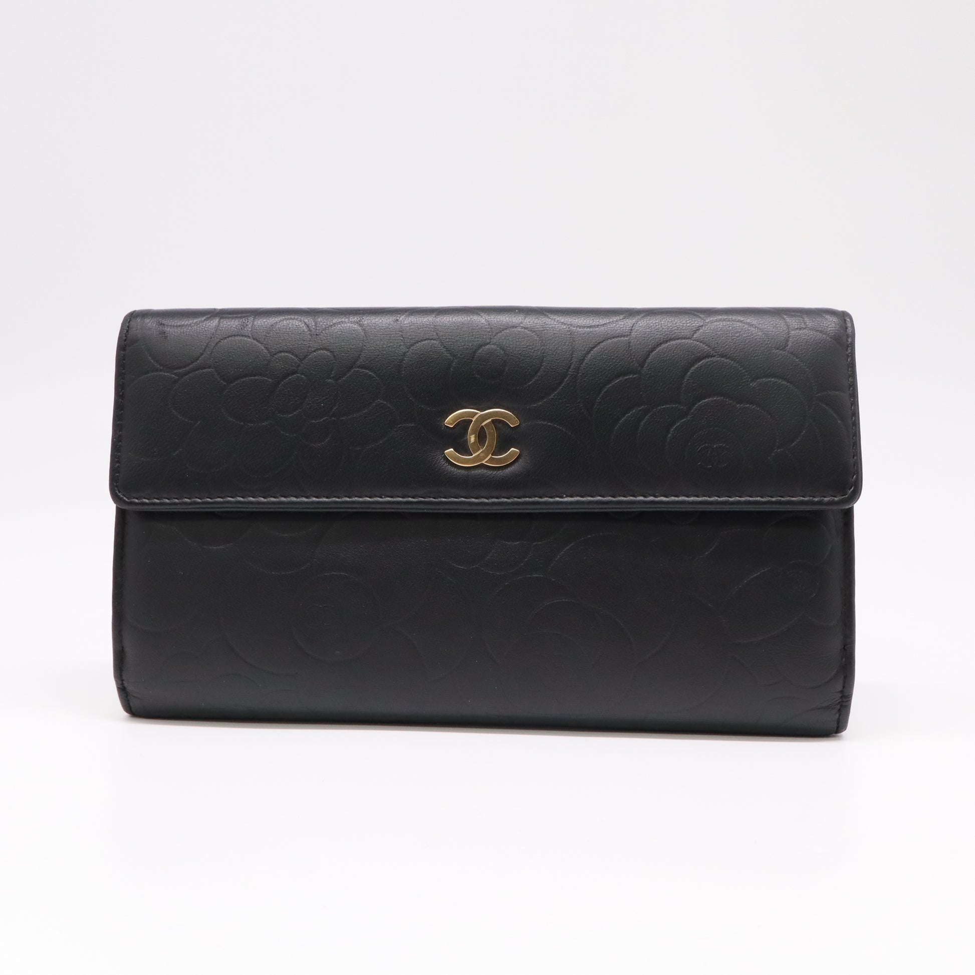 Chanel Lambskin Camellia Embossed Flap Wallet Black W22271