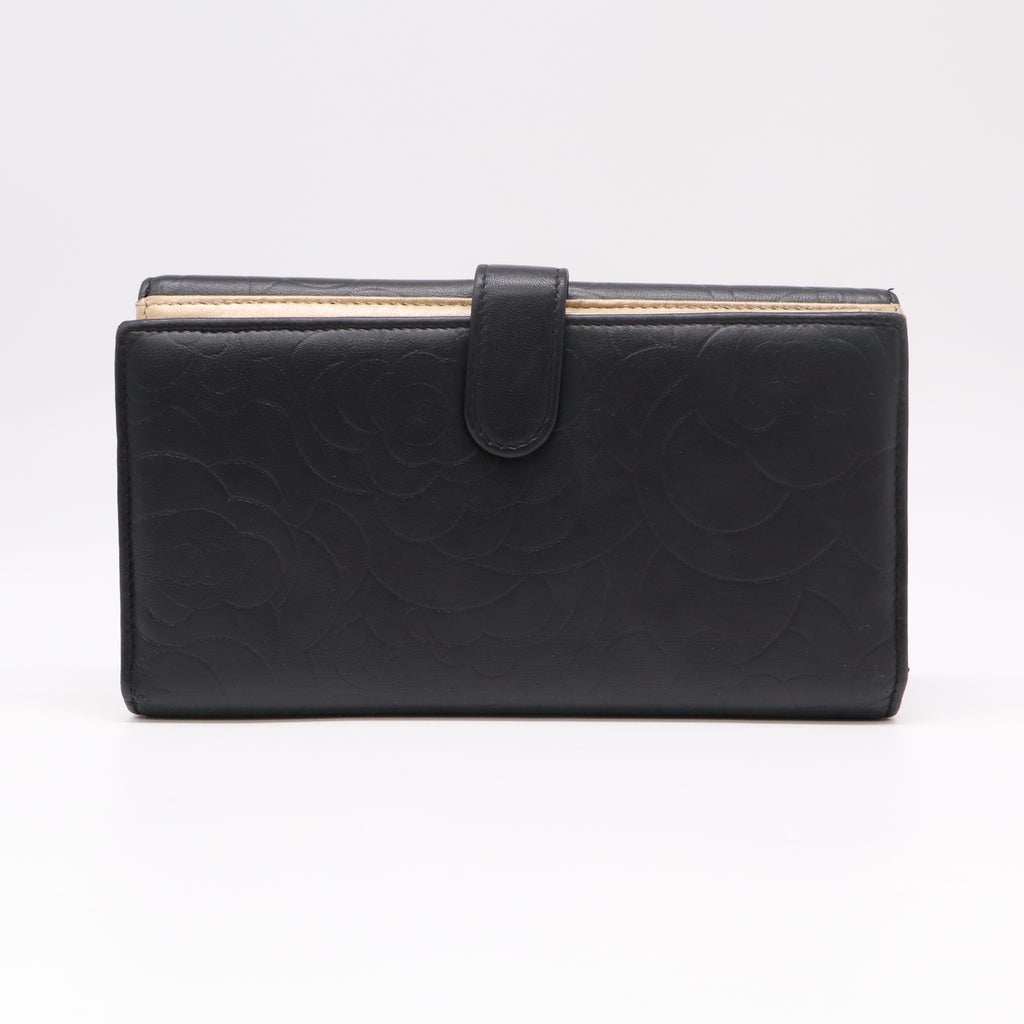 Chanel Lambskin Camellia Embossed Flap Wallet Black W22271