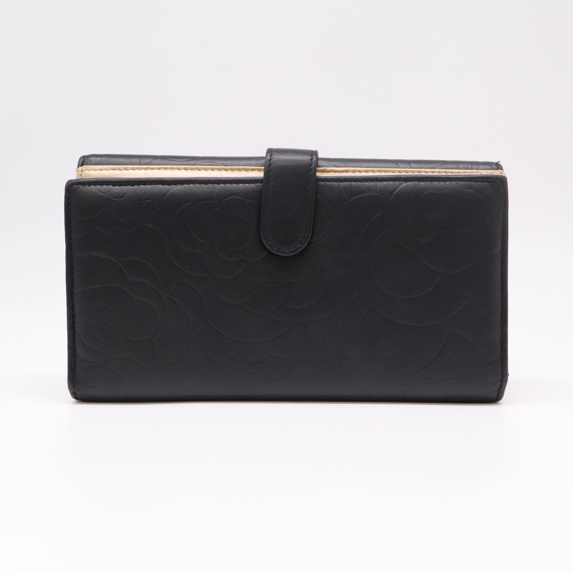 Chanel Lambskin Camellia Embossed Flap Wallet Black W22271