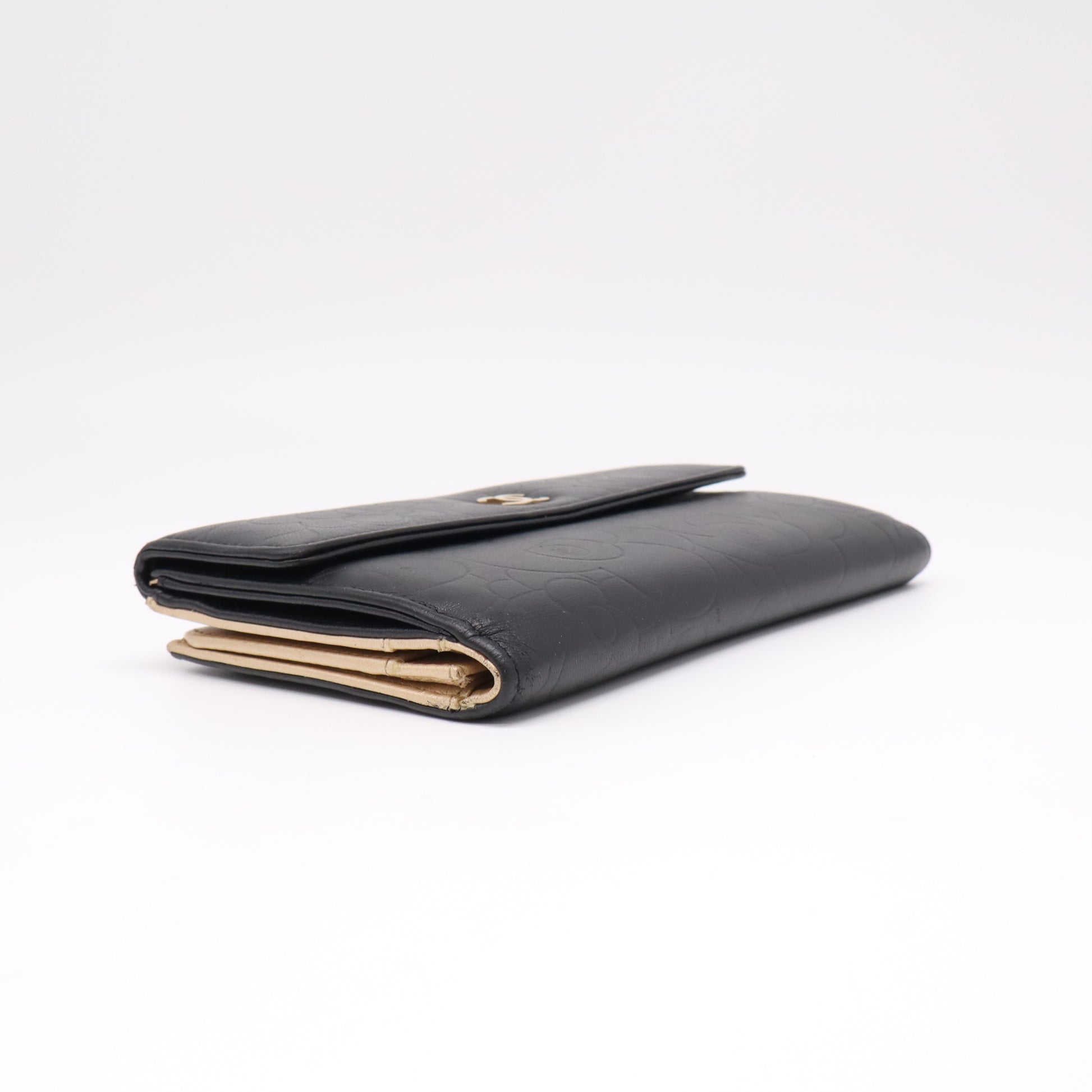 Chanel Lambskin Camellia Embossed Flap Wallet Black W22271