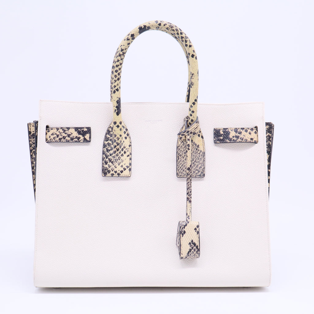 Saint Laurent White Leather & Grey Python Trim Baby Sac De Jour Bag Twins B20481