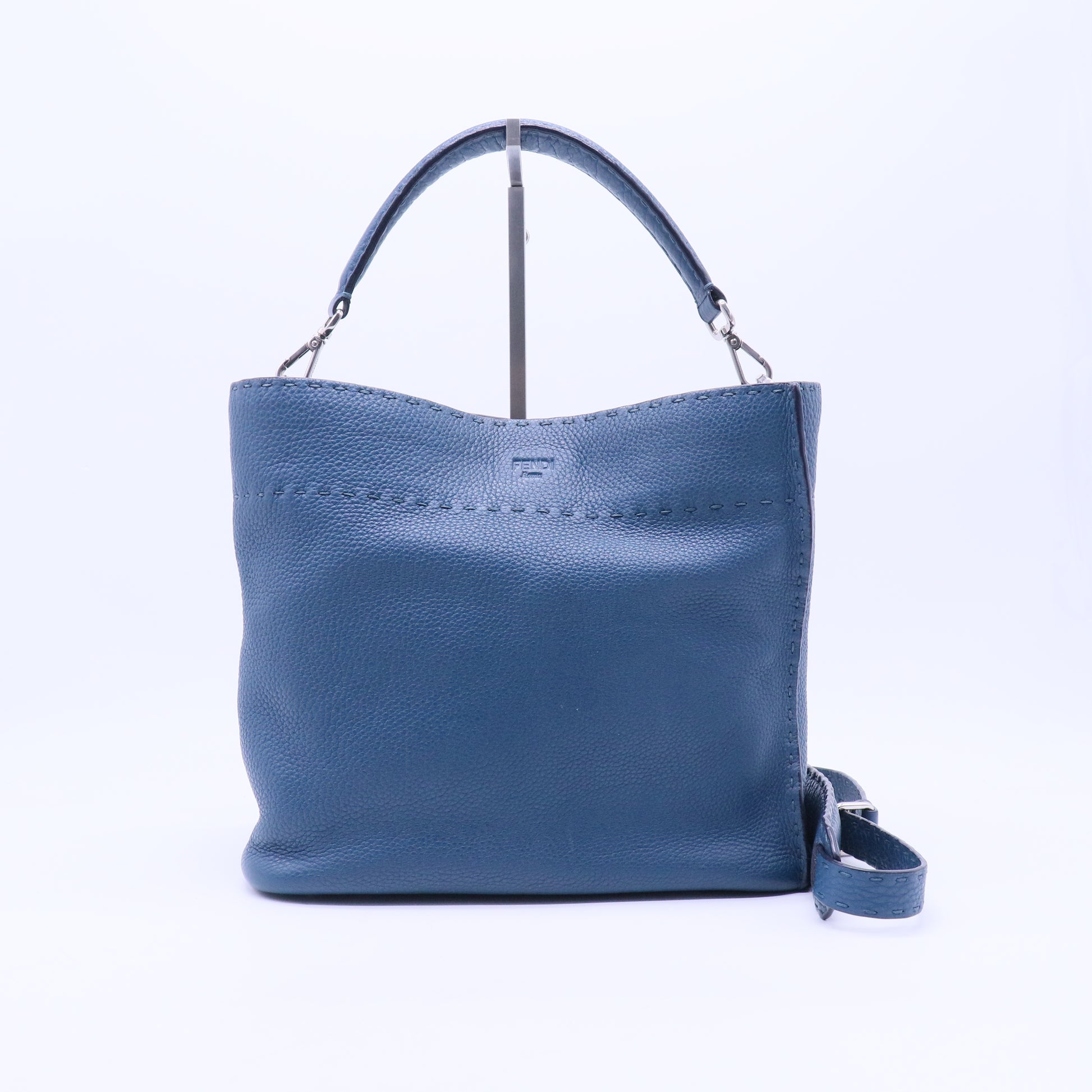 Anna Small Selleria Bucket Shoulder Bag in Blue Leather B21320