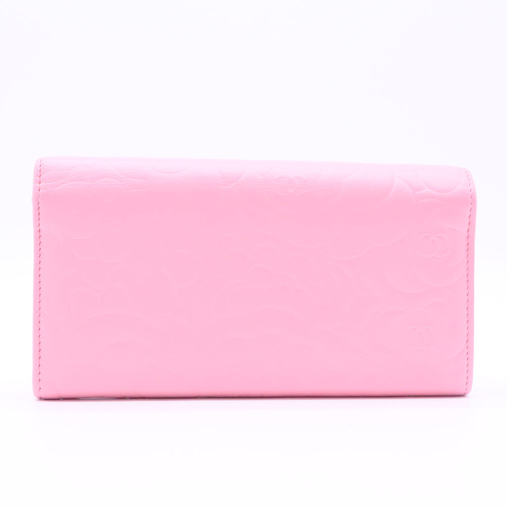 Lambskin Camellia Embossed Large Gusset Flap Wallet Black