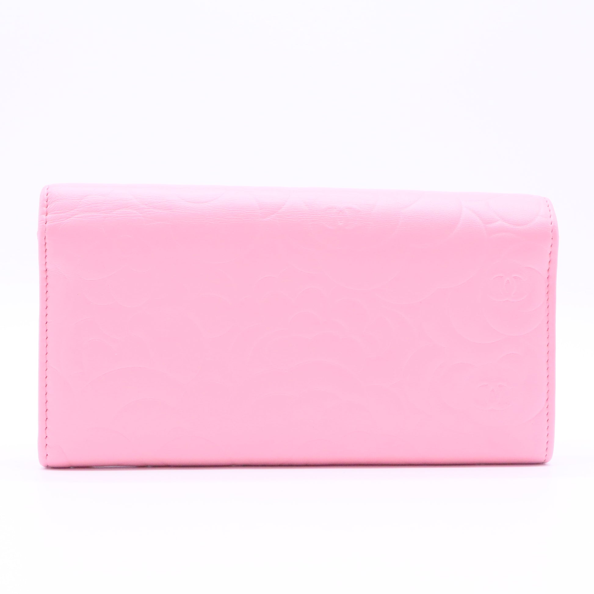 Lambskin Camellia Embossed Large Gusset Flap Wallet Black
