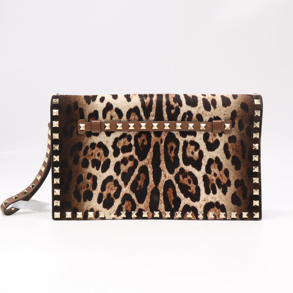 Valentino Garavani Rockstud Leopard Print Calf Hair Clutch W22274