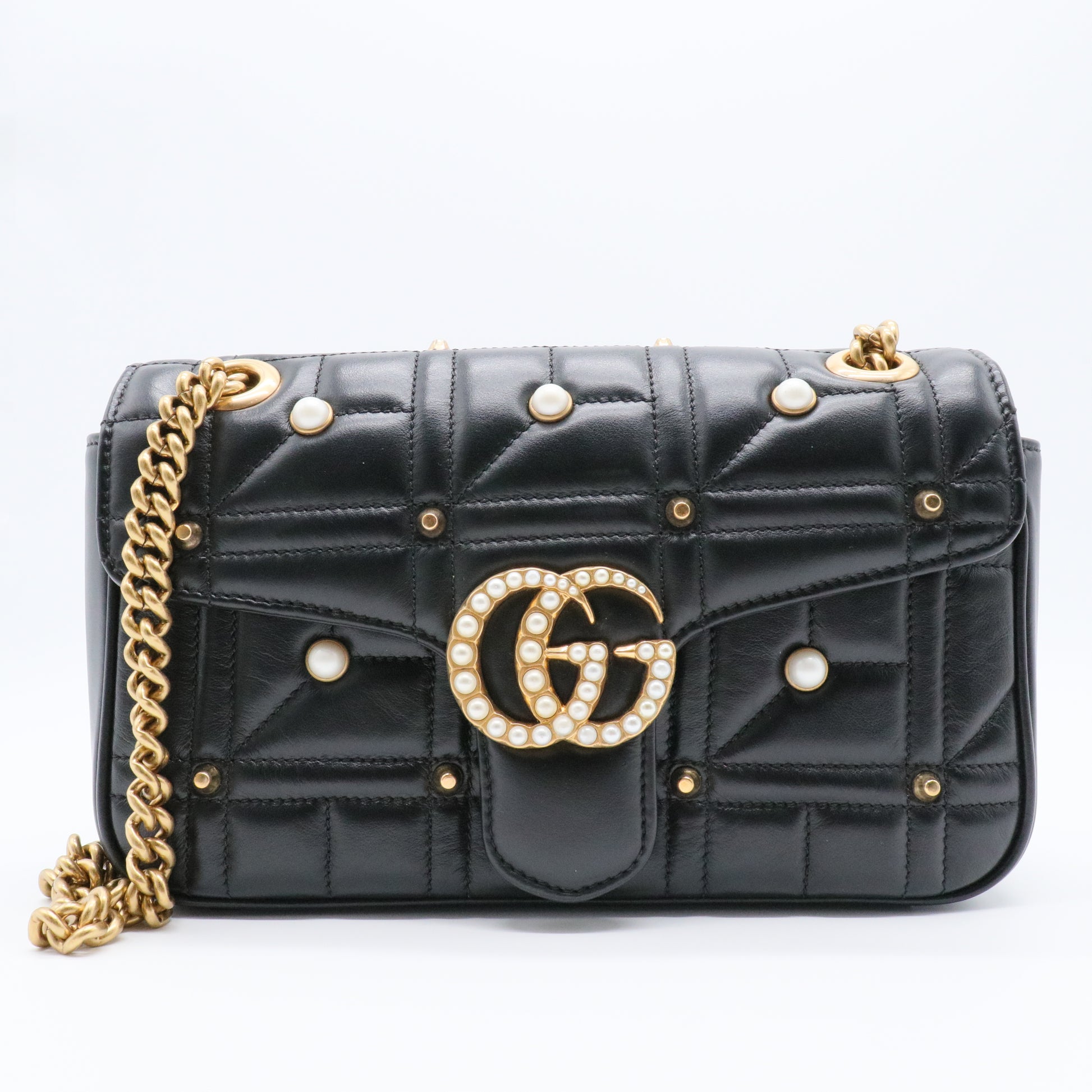 Pearly GG Marmont Flap Bag Embellished Matelasse Leather Small
