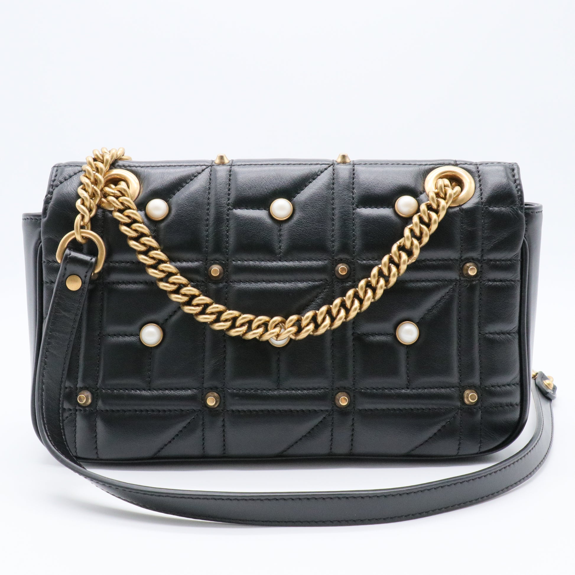 Pearly GG Marmont Flap Bag Embellished Matelasse Leather Small