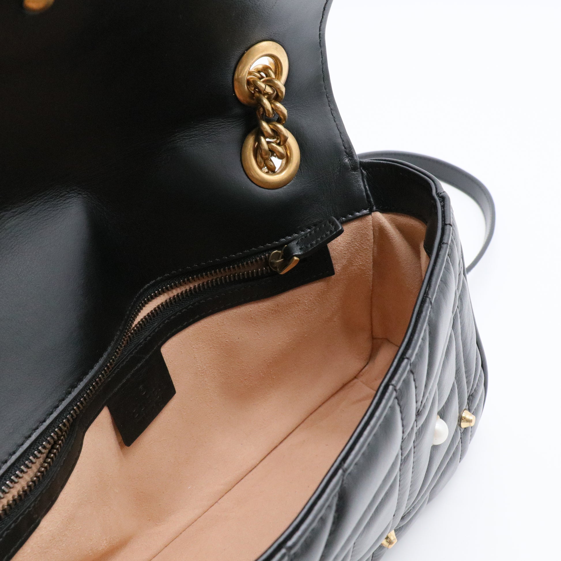 Pearly GG Marmont Flap Bag Embellished Matelasse Leather Small