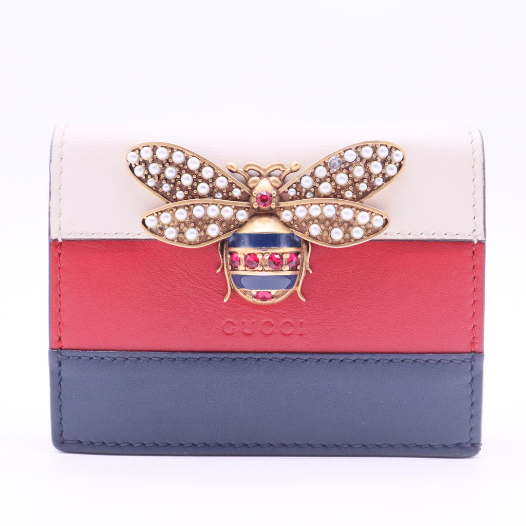 Calfskin Queen Margaret Card Case Wallet Blue Agata Hibiscus Red Mystic White