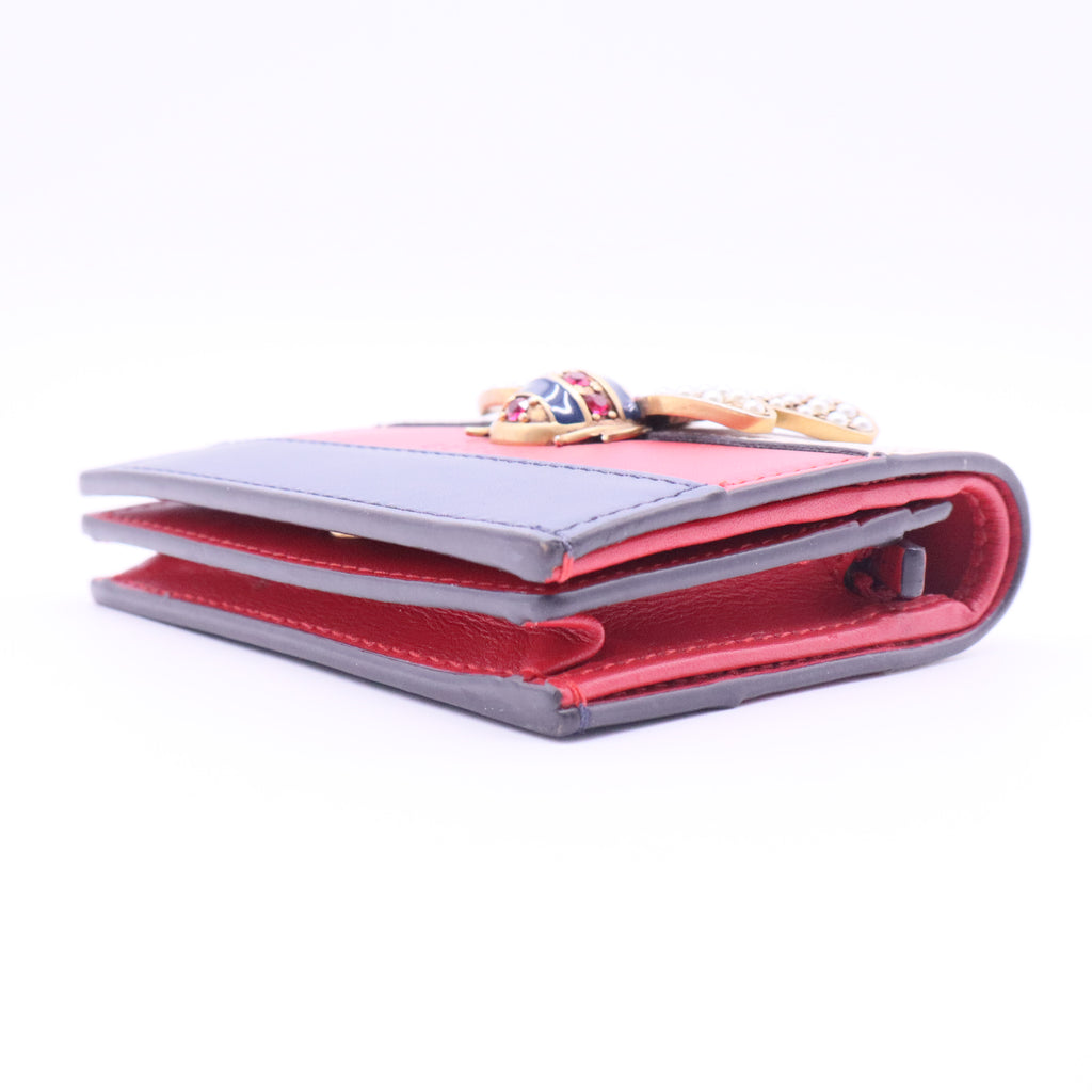 Calfskin Queen Margaret Card Case Wallet Blue Agata Hibiscus Red Mystic White