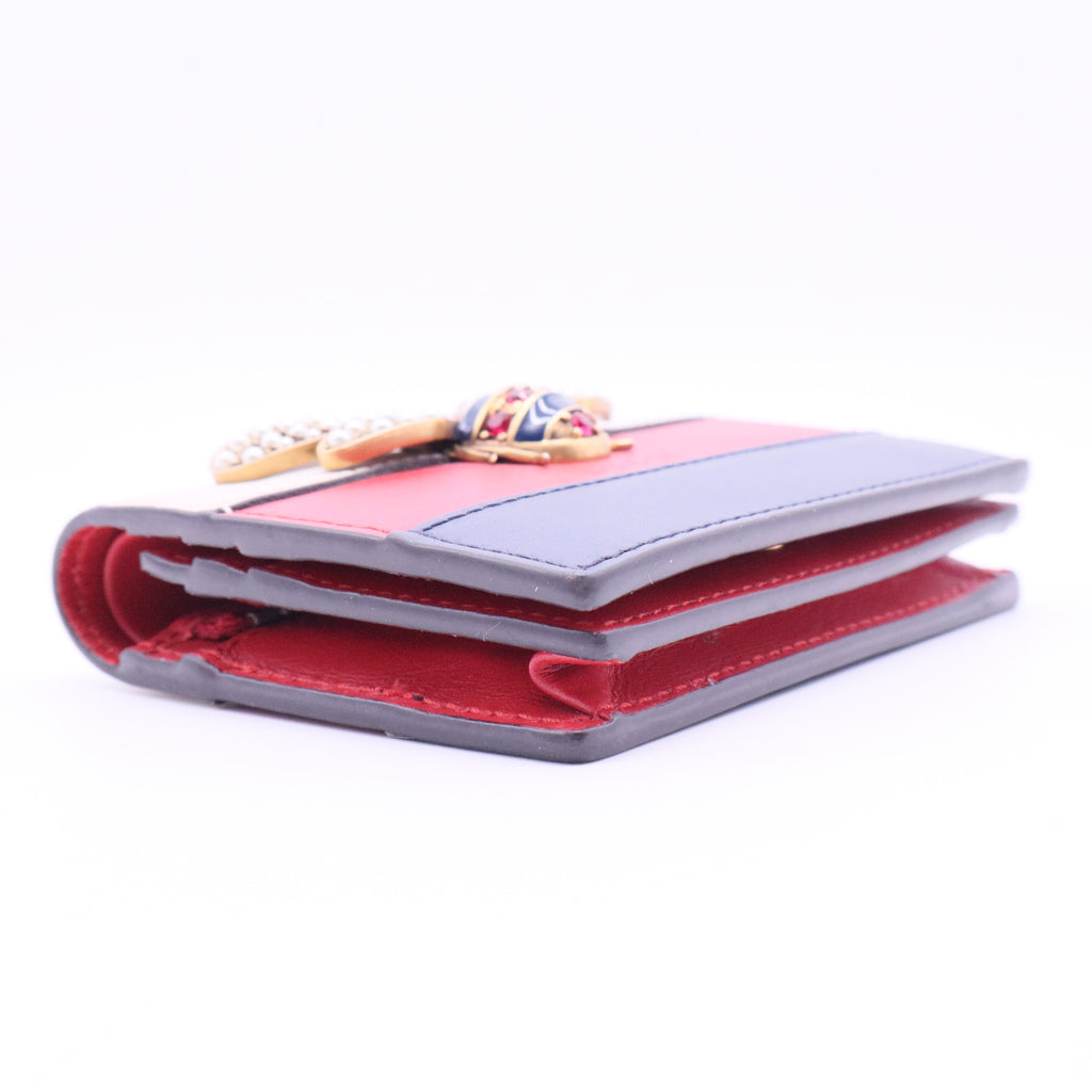Calfskin Queen Margaret Card Case Wallet Blue Agata Hibiscus Red Mystic White