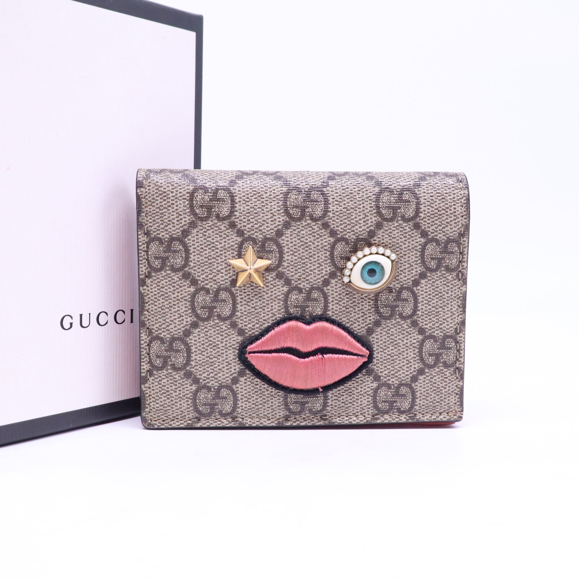 Gucci GG Supreme Monogram Face Embroidered Card Case Wallet Pink W21176