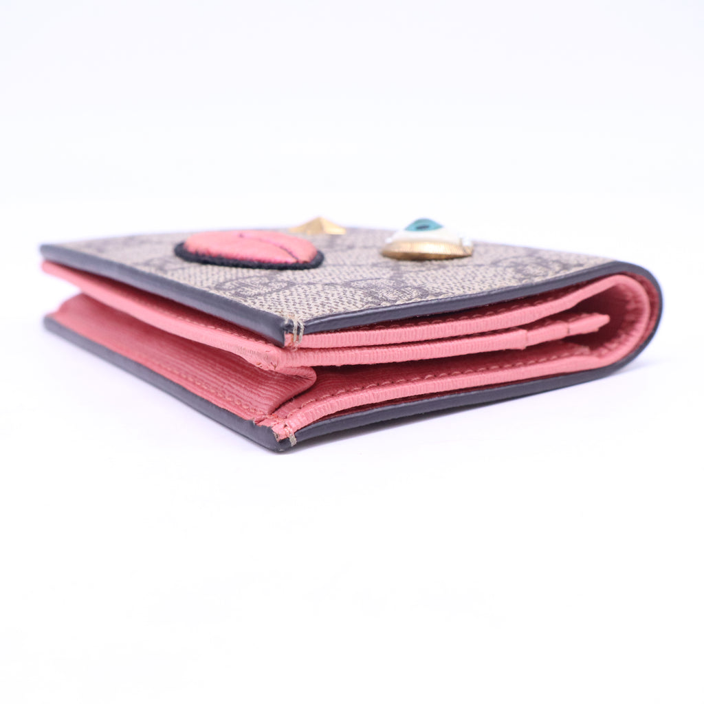 Gucci GG Supreme Monogram Face Embroidered Card Case Wallet Pink W21176