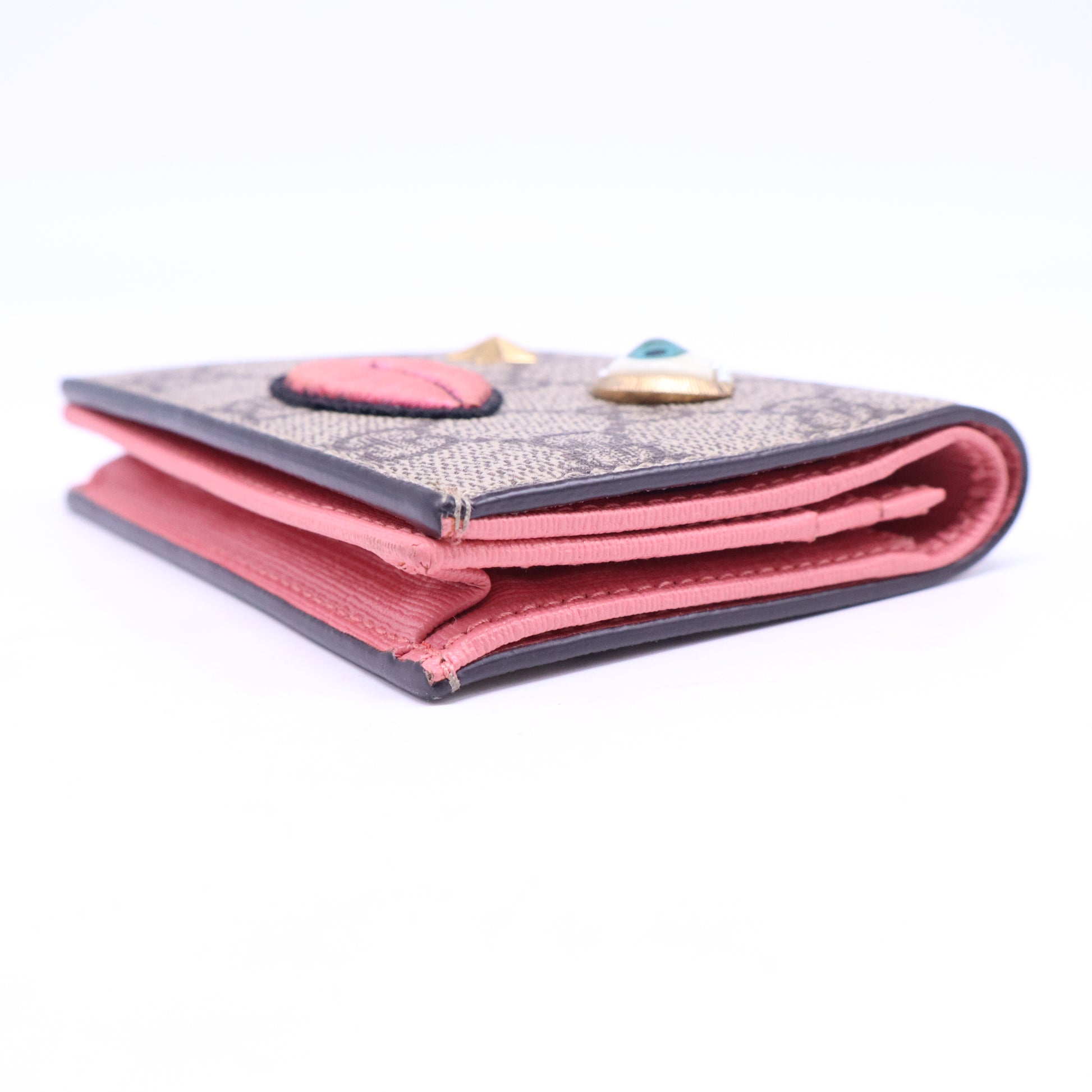 Gucci GG Supreme Monogram Face Embroidered Card Case Wallet Pink W21176