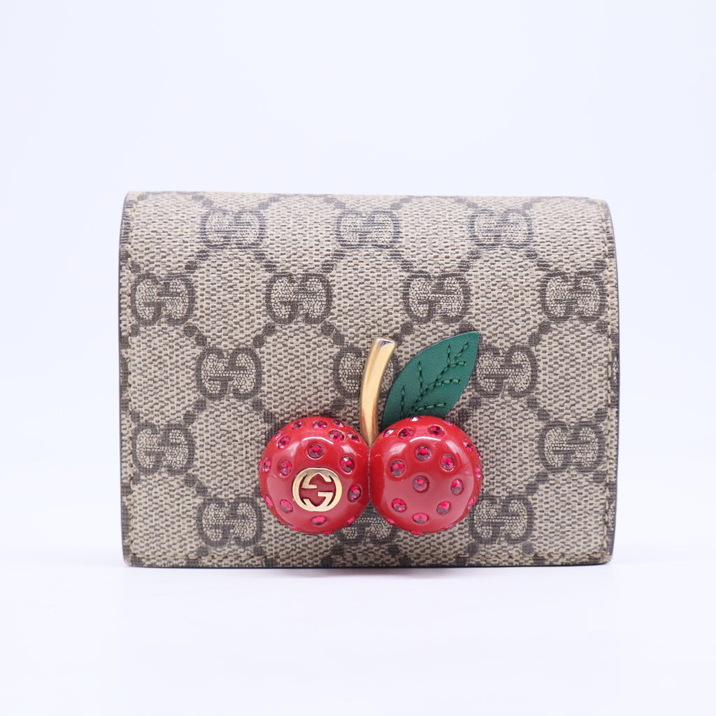 GG Supreme Monogram Cherry Embellished Card Case Wallet Hibiscus Red