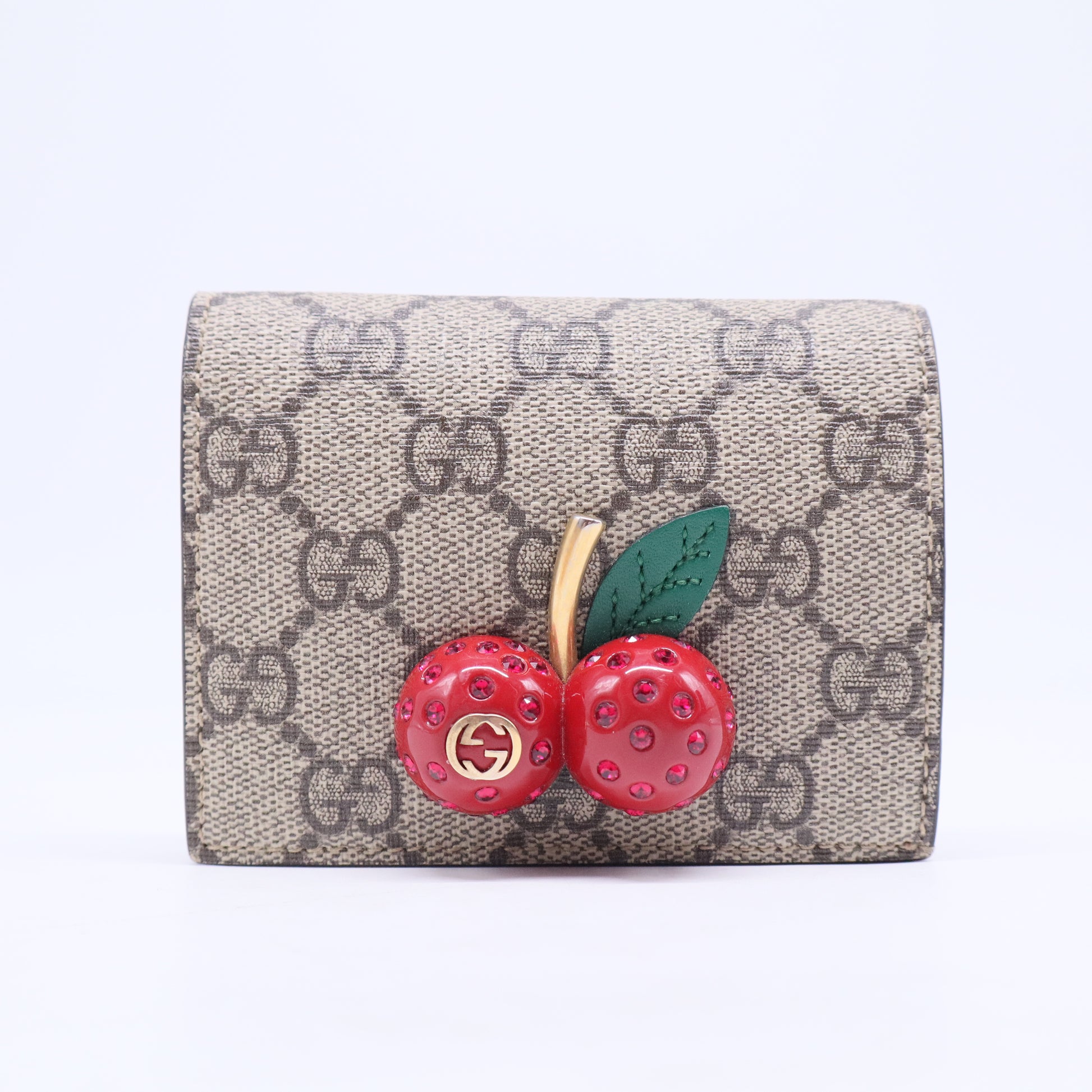 GG Supreme Monogram Cherry Embellished Card Case Wallet Hibiscus Red