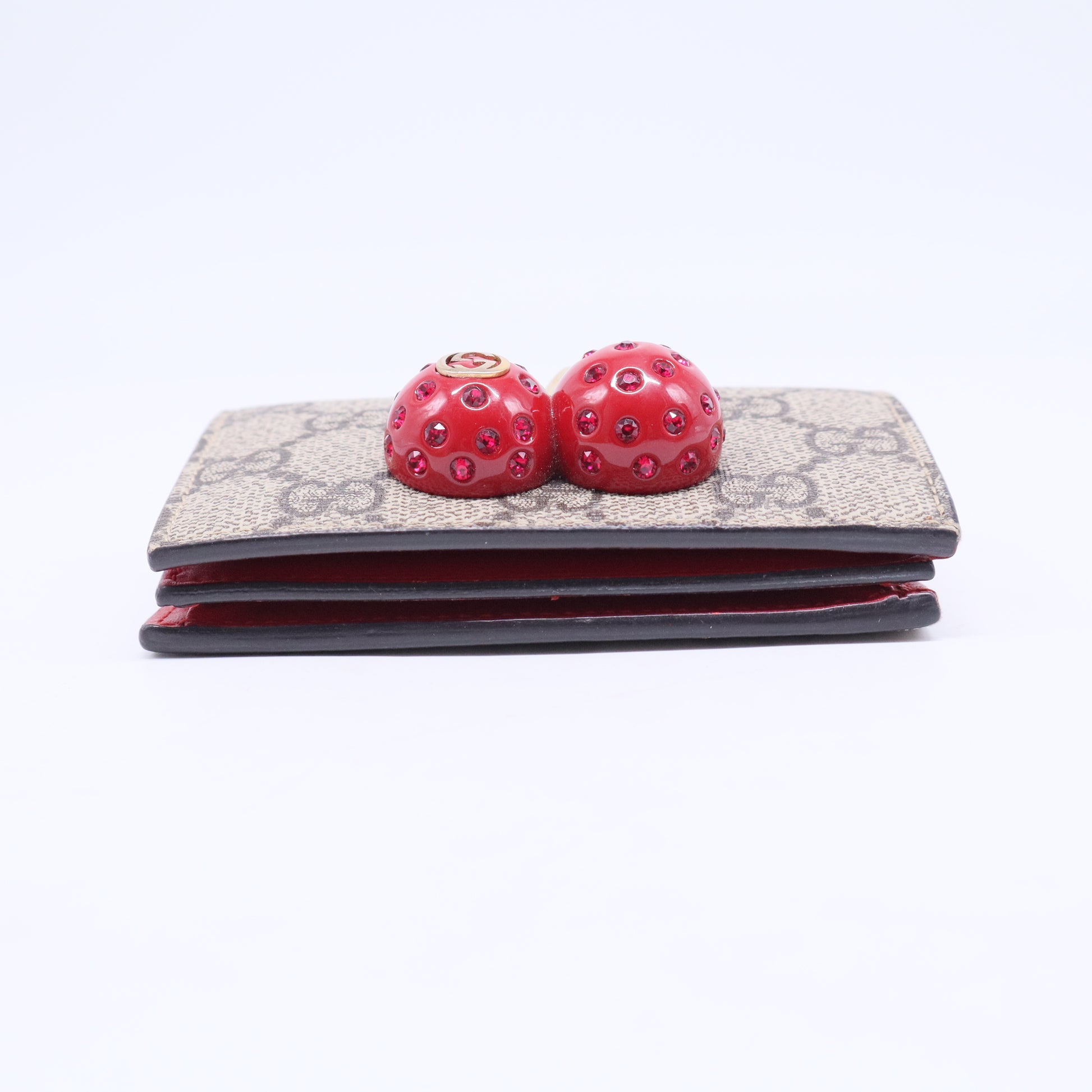 GG Supreme Monogram Cherry Embellished Card Case Wallet Hibiscus Red