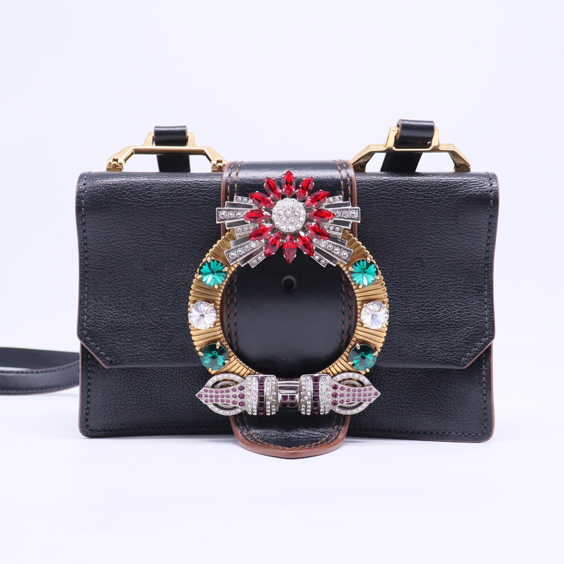 Madras Crystal Buckle Shoulder Bag Leather Small B20586