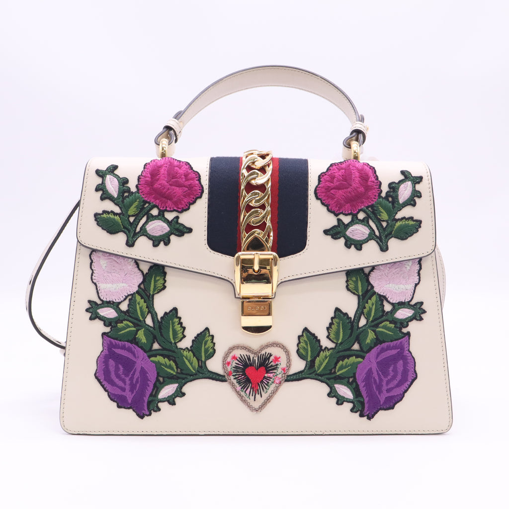 Sylvie Top Handle Bag Embroidered Leather Medium B24358