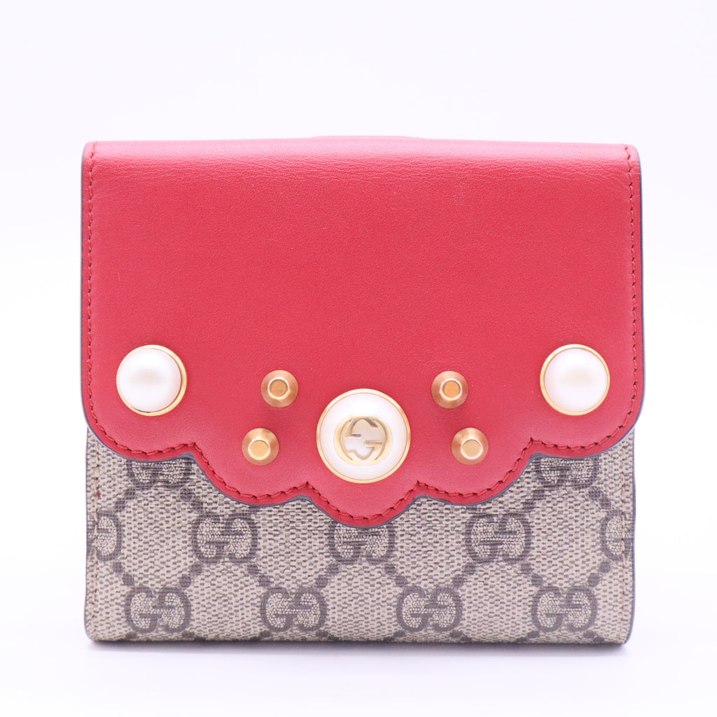GG Supreme Monogram Pearl Studded French Wallet Beige Hibiscus Red