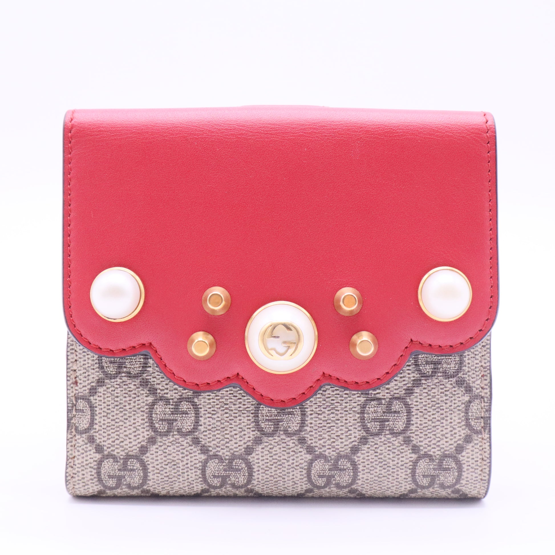 GG Supreme Monogram Pearl Studded French Wallet Beige Hibiscus Red