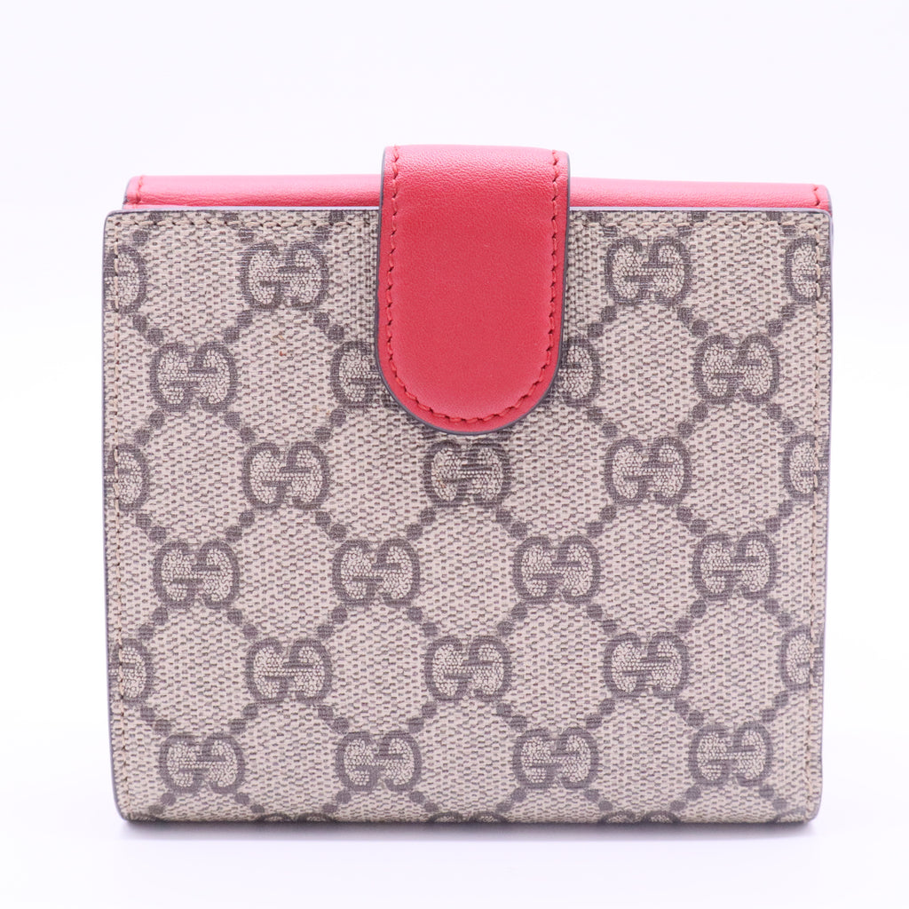 GG Supreme Monogram Pearl Studded French Wallet Beige Hibiscus Red