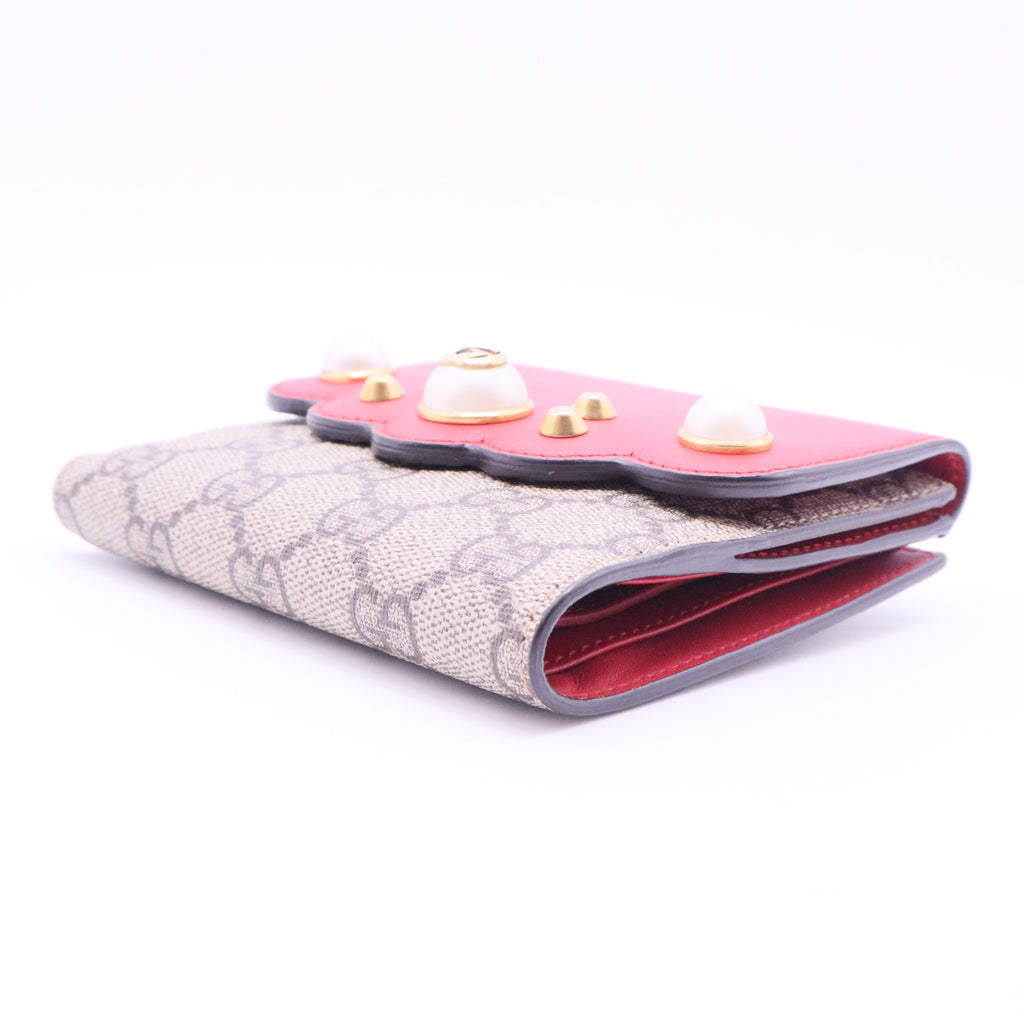 GG Supreme Monogram Pearl Studded French Wallet Beige Hibiscus Red