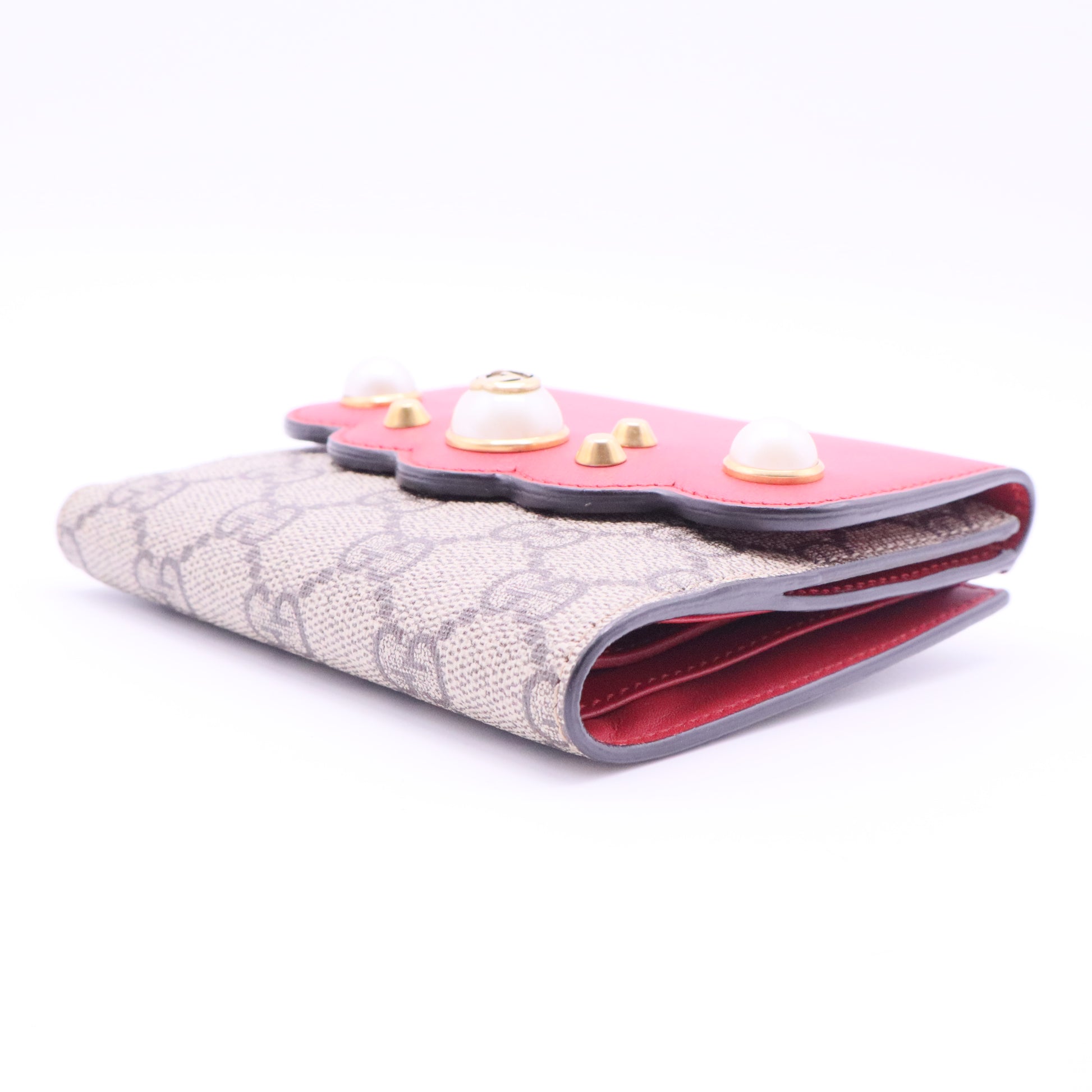 GG Supreme Monogram Pearl Studded French Wallet Beige Hibiscus Red